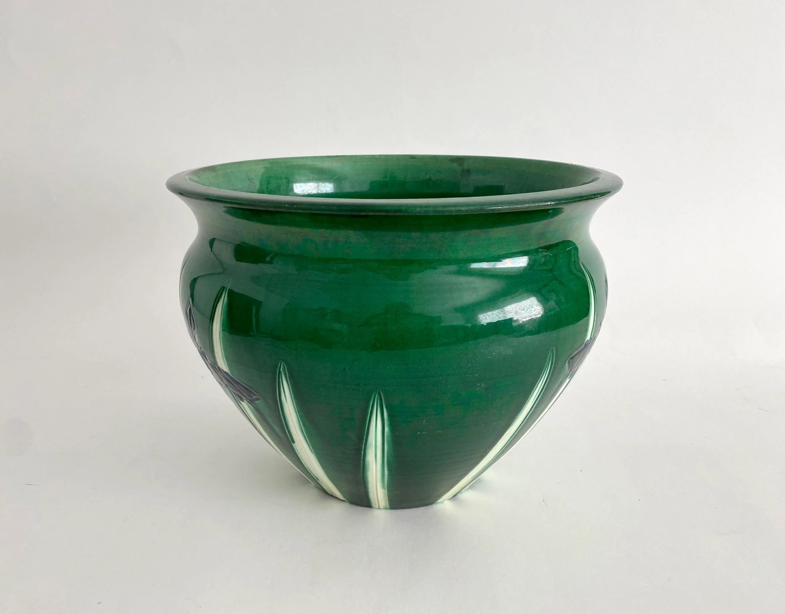 Large Awaji Japanese Pottery Incised Iris JardiniÃ¨re Bowl Vase - 5