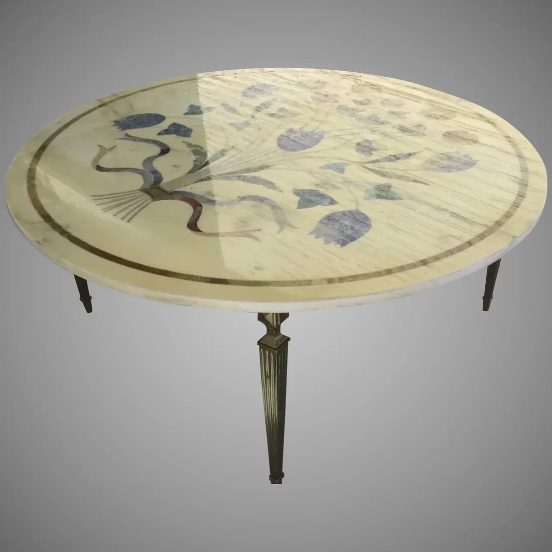 Vintage Round Brass Legged Marble Coffee Table with Painted Bouquet - 7