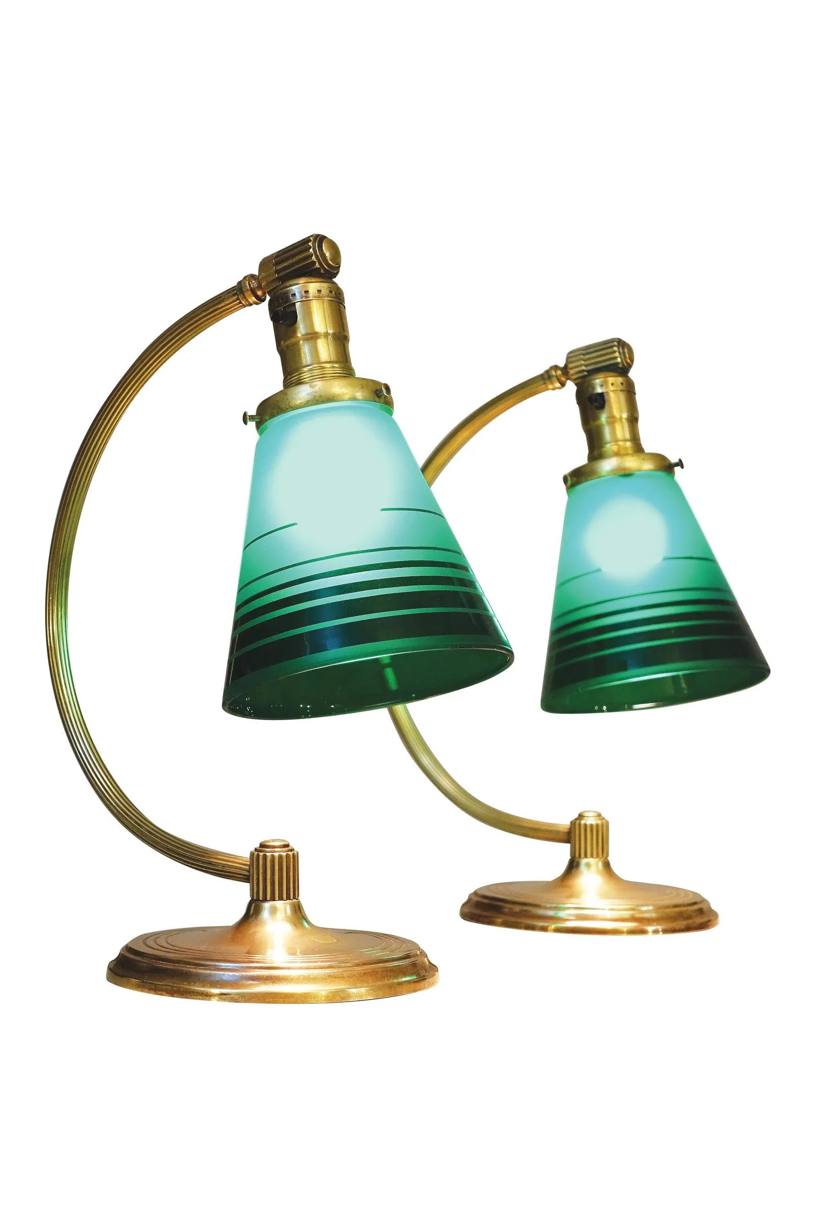 Pair of Art Deco Streamline Chase Brass Vianne Green Glass Table Lamps 1930's - 2