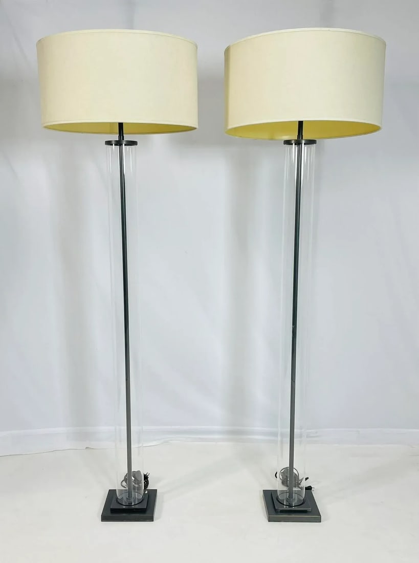 Pair of Aged Brass & Glass Cylinder Floor Lamps by Restoration Hardware - 2