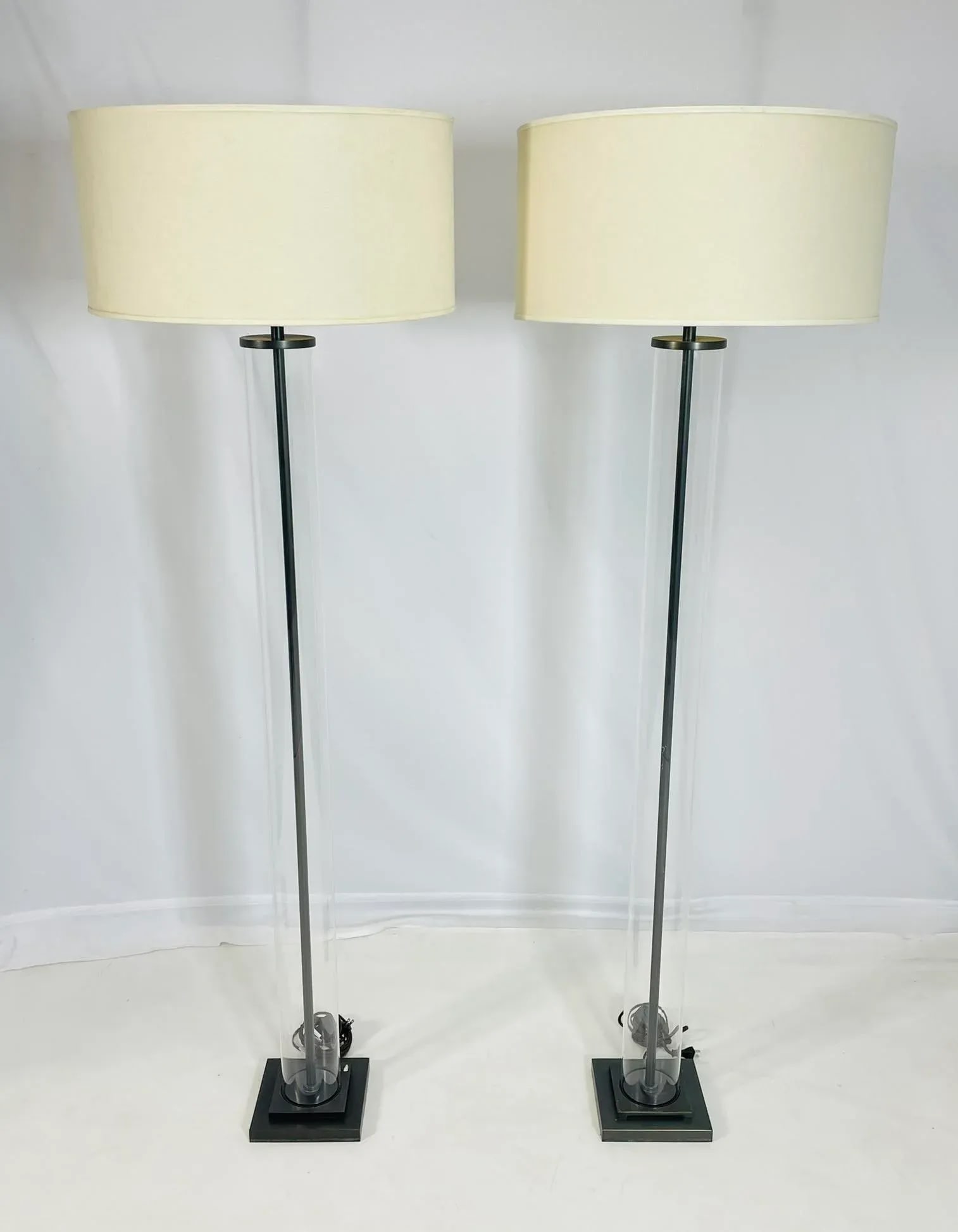 Pair of Aged Brass & Glass Cylinder Floor Lamps by Restoration Hardware - 3