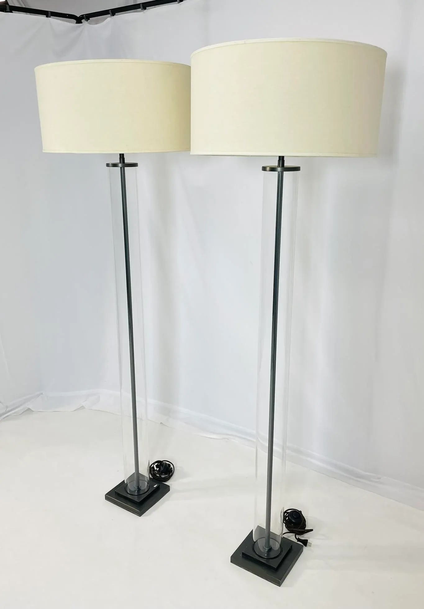Pair of Aged Brass & Glass Cylinder Floor Lamps by Restoration Hardware - 4