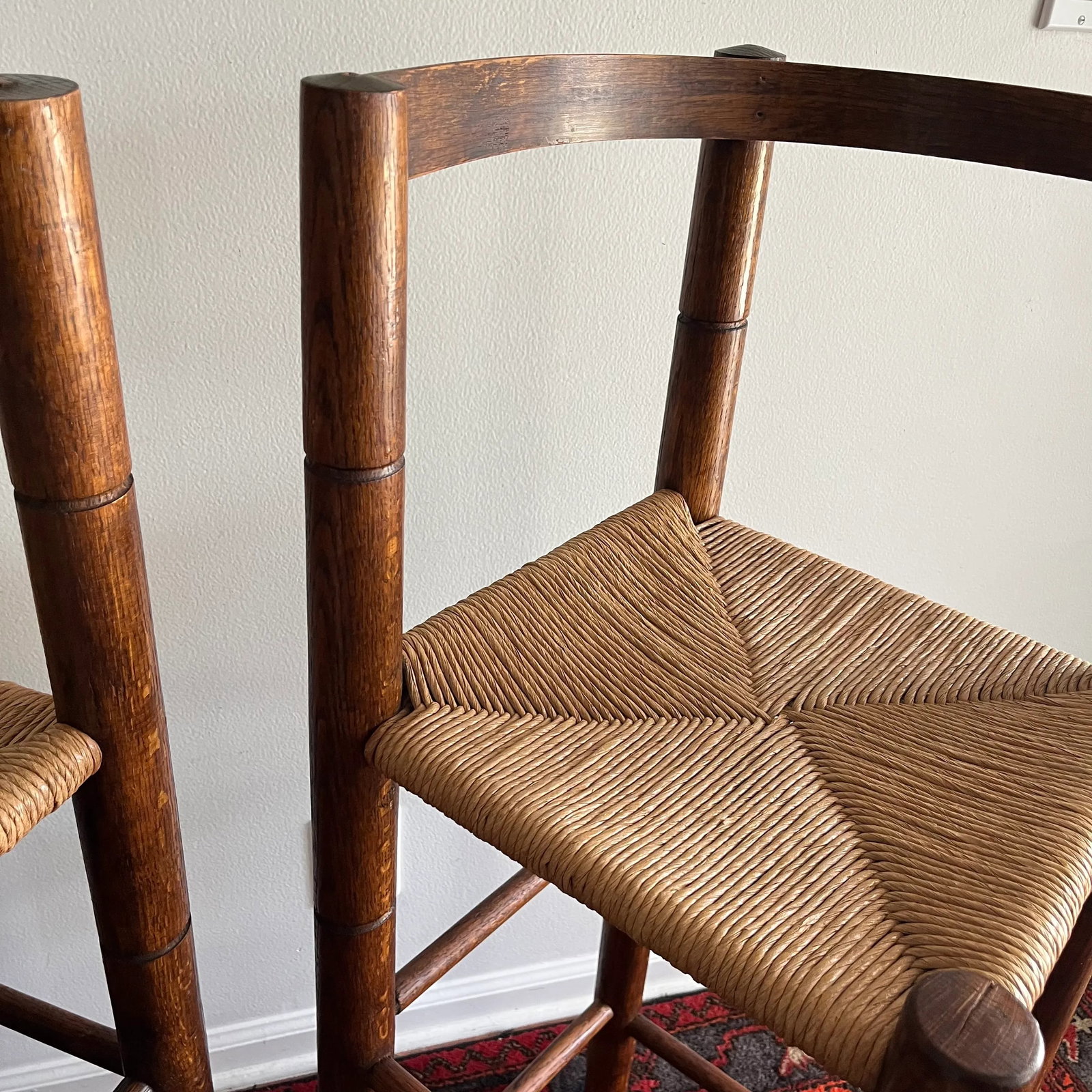 1970s Mid Century Bar Stools Bent Wood & Paper Cord Seat - A Pair - 2