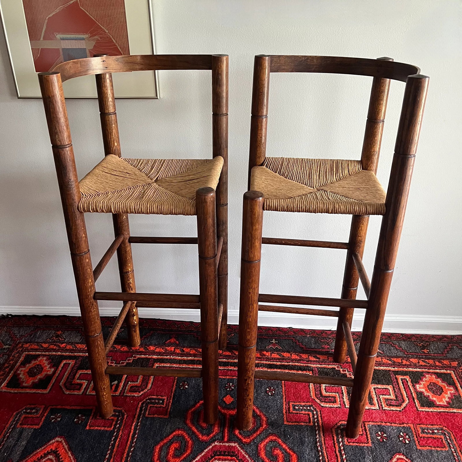1970s Mid Century Bar Stools Bent Wood & Paper Cord Seat - A Pair - 3