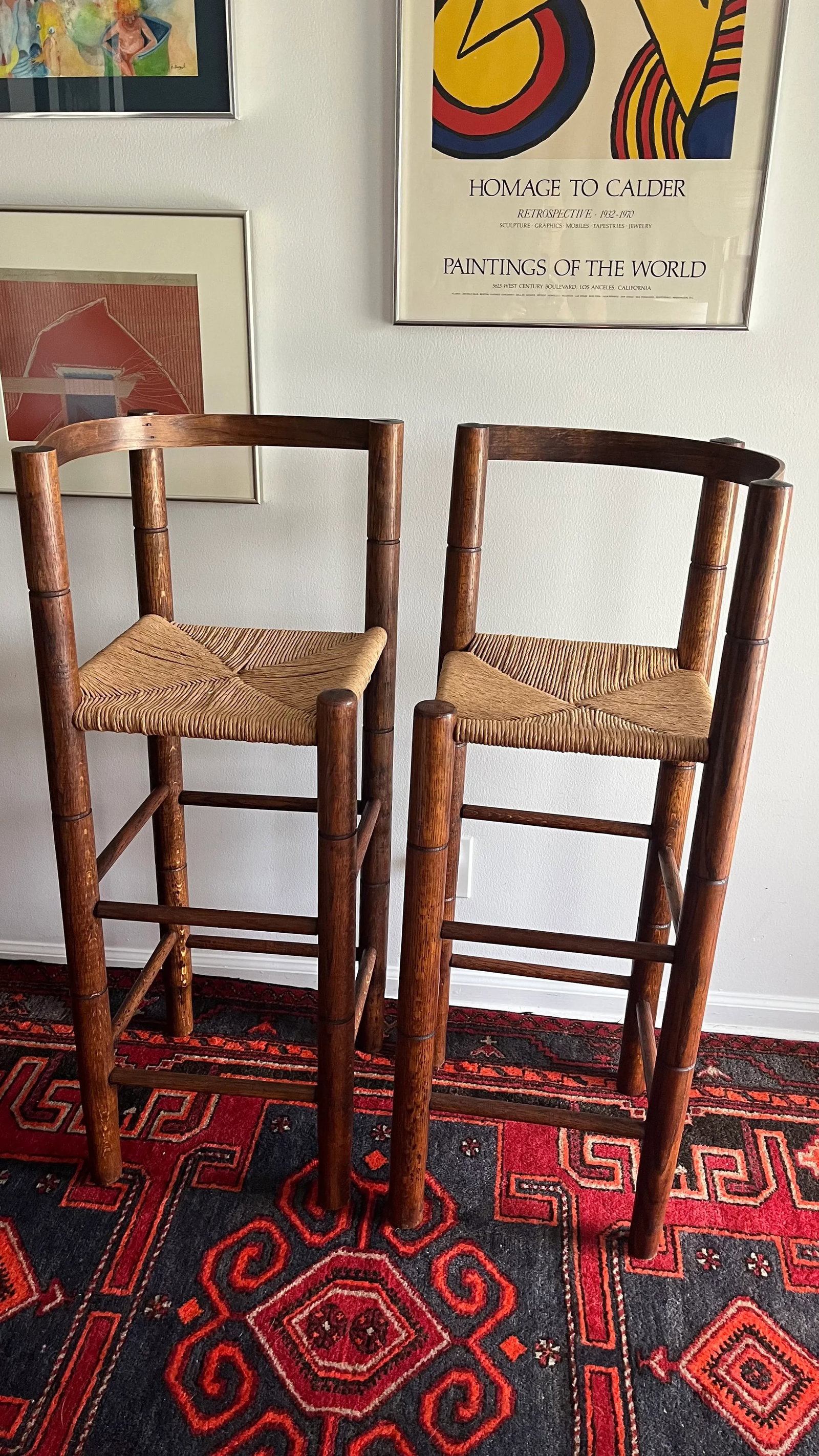 1970s Mid Century Bar Stools Bent Wood & Paper Cord Seat - A Pair - 4