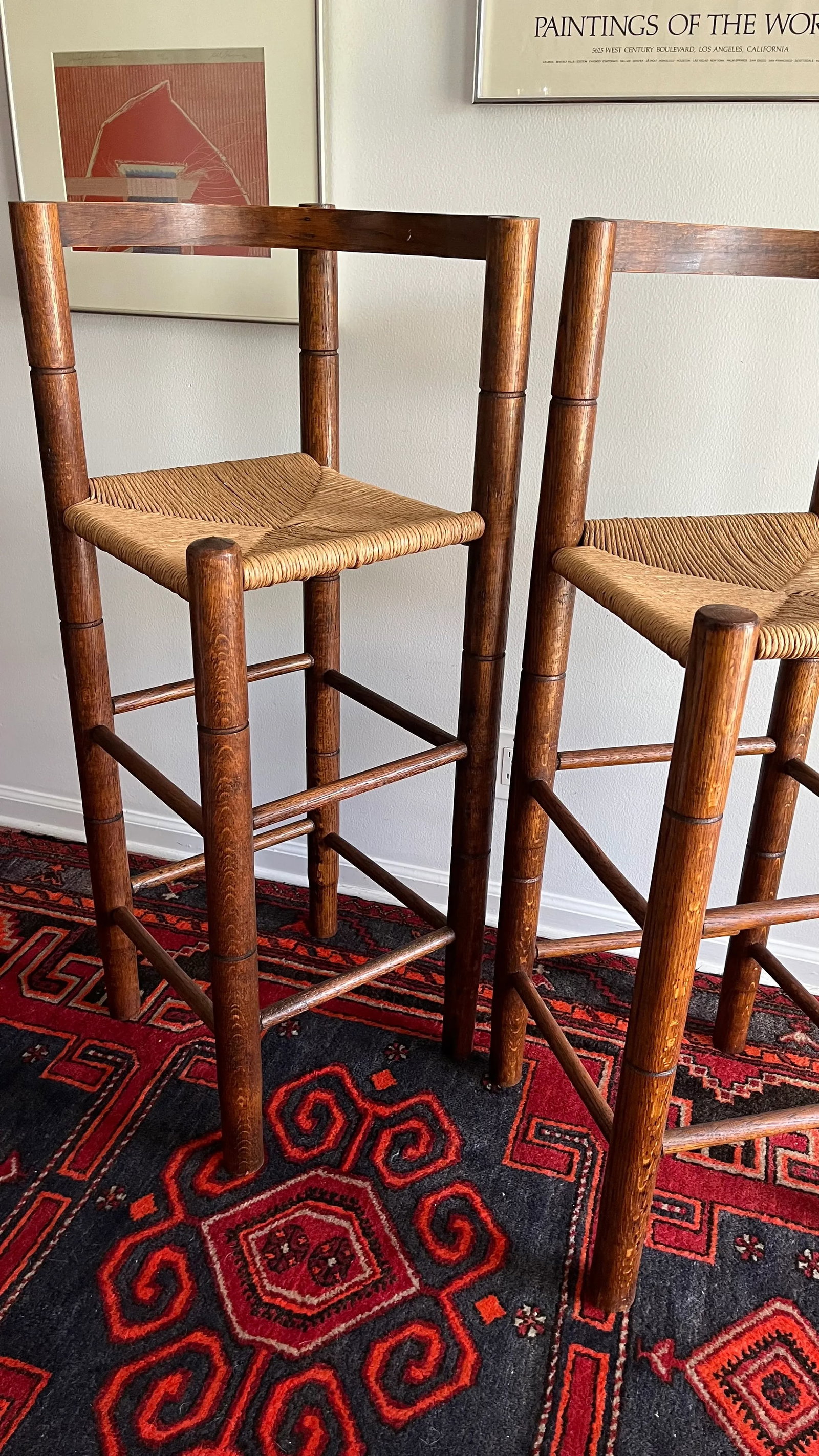 1970s Mid Century Bar Stools Bent Wood & Paper Cord Seat - A Pair - 7