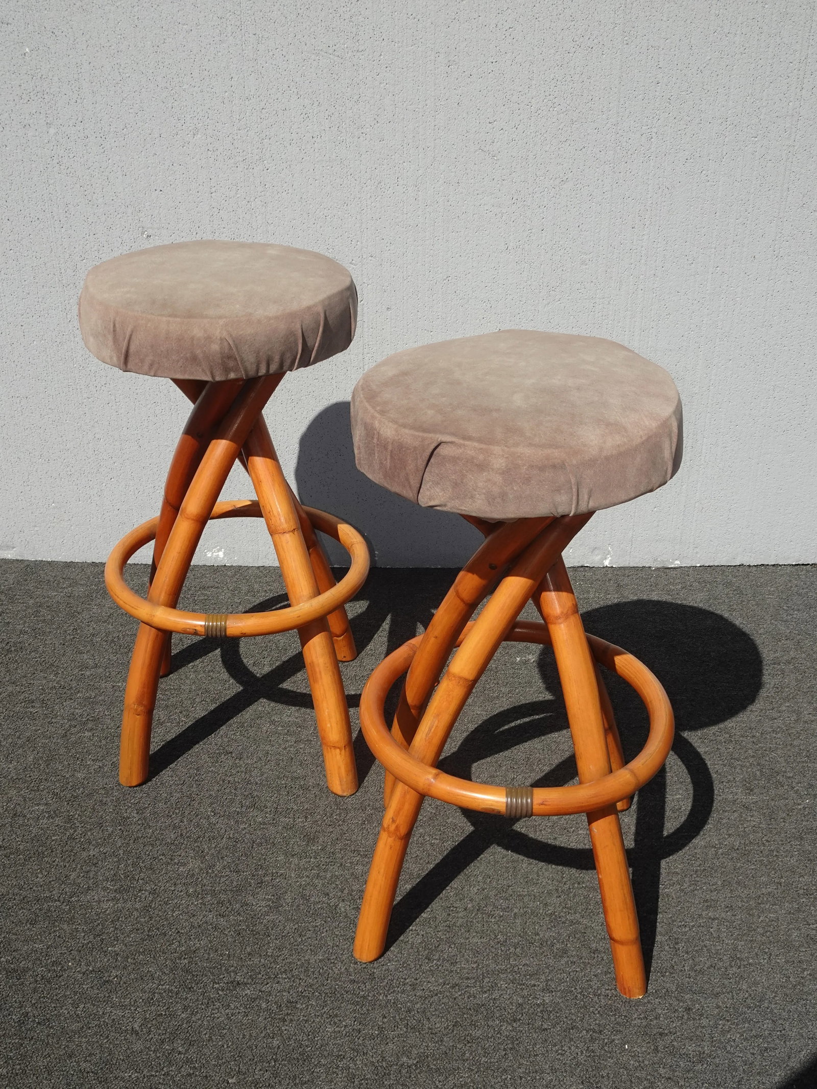 Pair Vintage Mid Century Coastal Bamboo Barstools Bar Stools ~ Tiki Palm Beach - 2