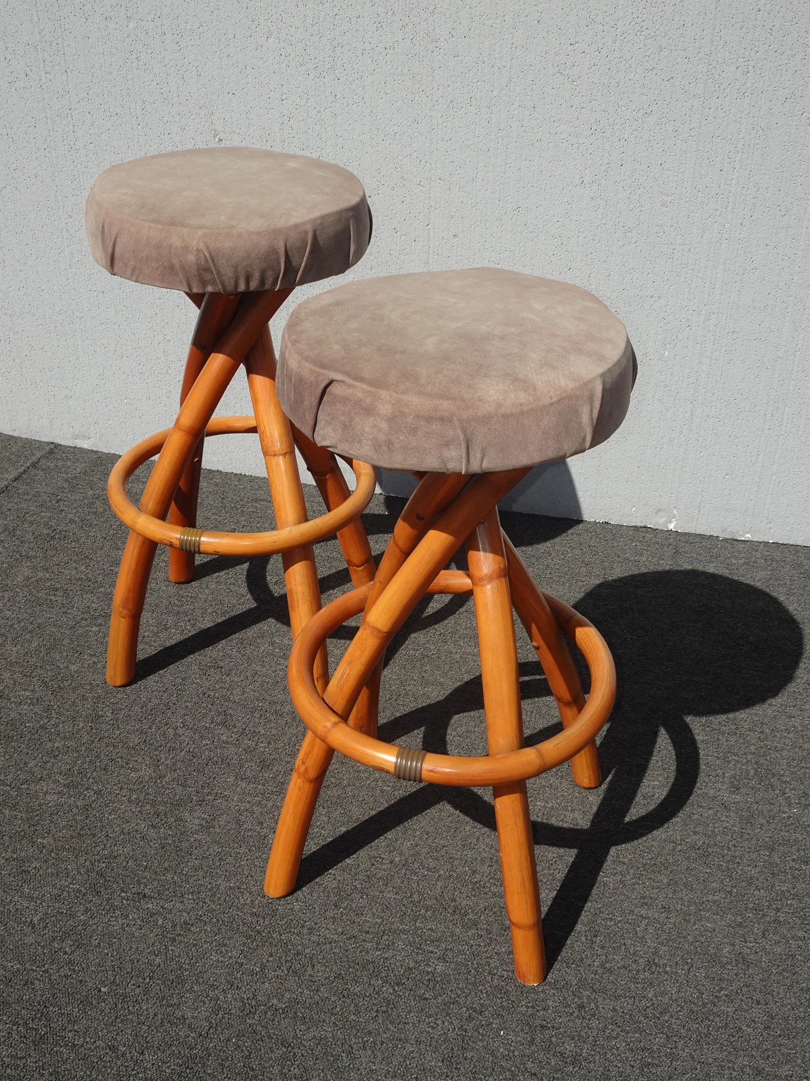 Pair Vintage Mid Century Coastal Bamboo Barstools Bar Stools ~ Tiki Palm Beach - 3