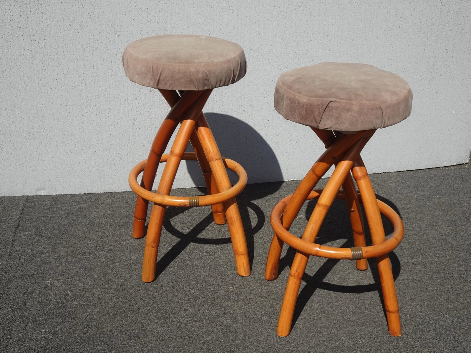 Pair Vintage Mid Century Coastal Bamboo Barstools Bar Stools ~ Tiki Palm Beach - 4