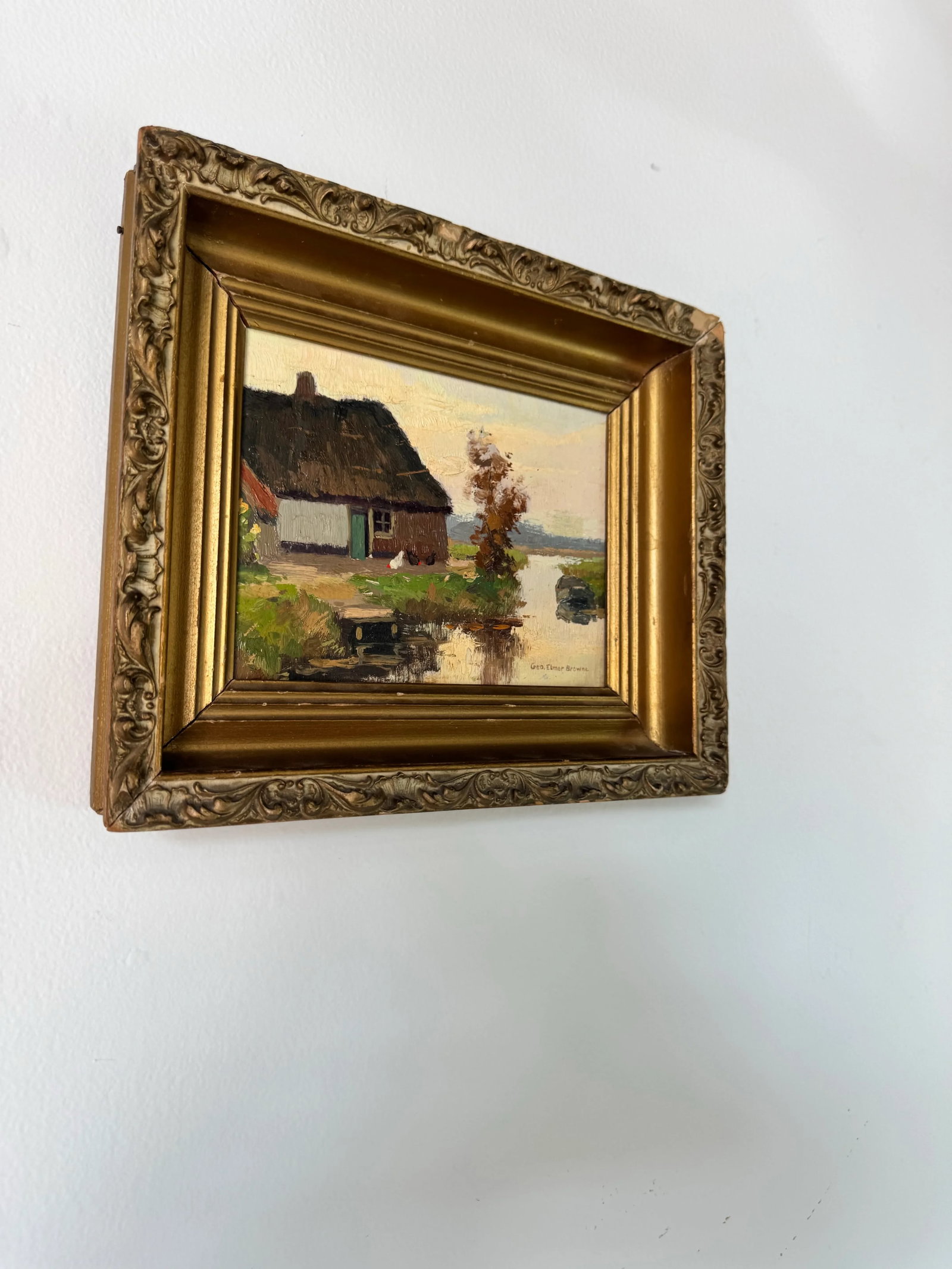 George Elmer Browne (1871-1946) Riverside Cottage Scene Oil Painting - 2
