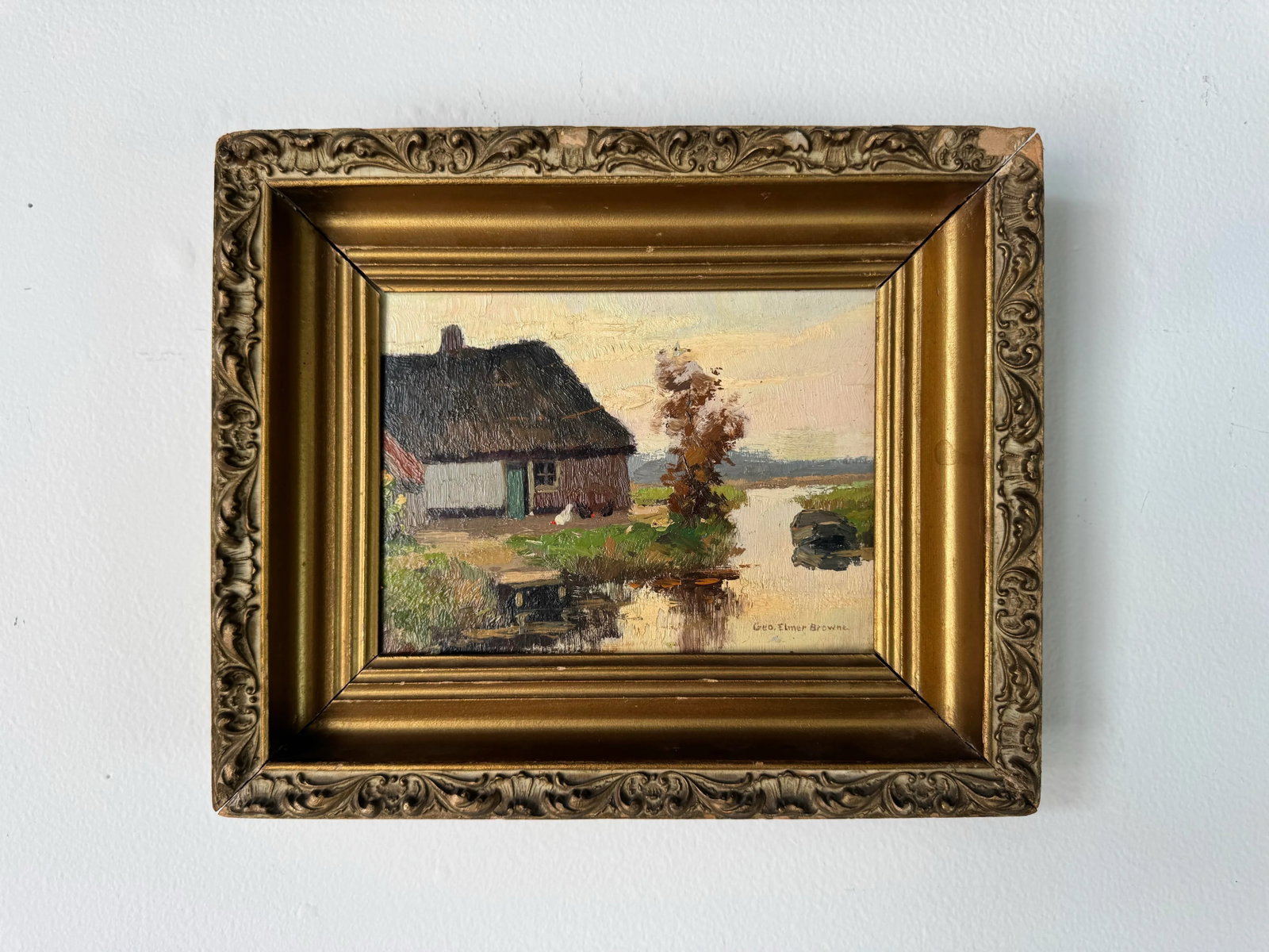 George Elmer Browne (1871-1946) Riverside Cottage Scene Oil Painting - 3