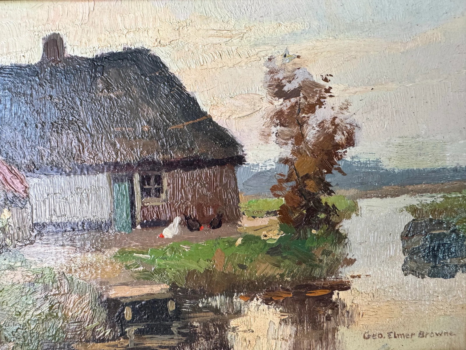 George Elmer Browne (1871-1946) Riverside Cottage Scene Oil Painting - 5