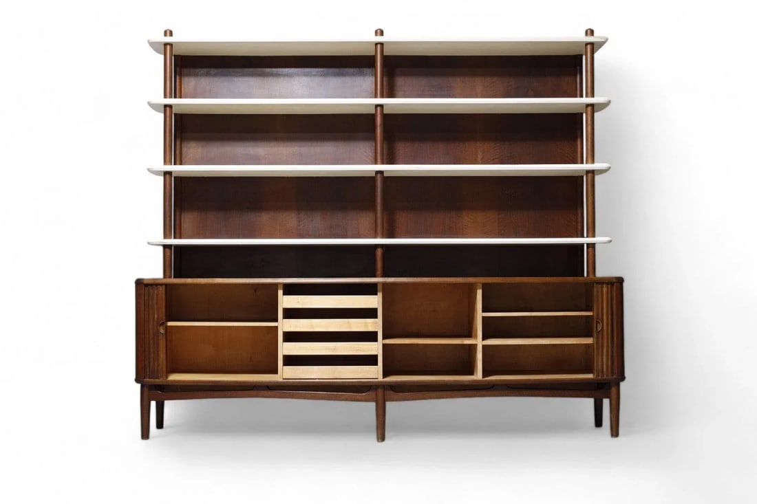 Kurt Olsen Wall Unit / Tall Walnut Sideboard With Tambour Doors - 2