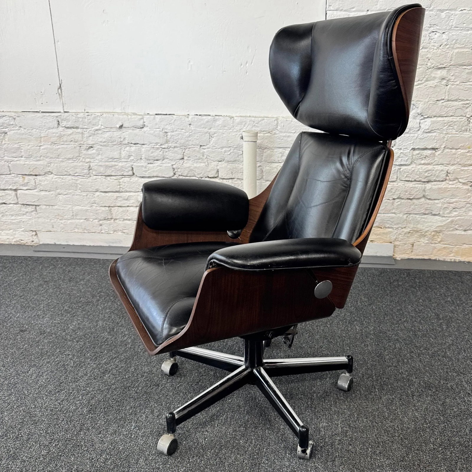 70s Leather & Rosewood Probjeto Desk Chair by Carlo Fondaro - 2