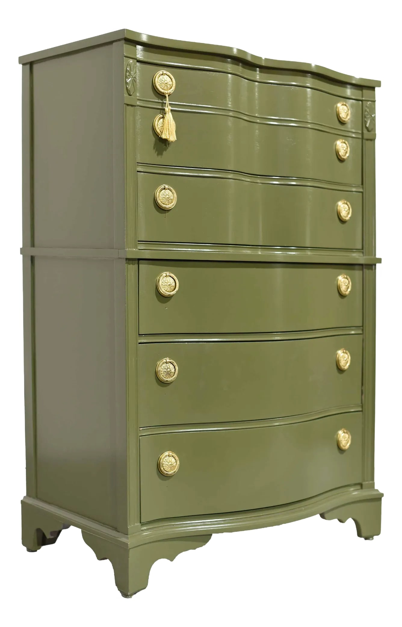 Mid Century Regency Style Mahogany Serpentine Highboy in Green - Newly Painted: This is a fantastic Mid Century Regency Style Mahogany Serpentine Highboy in Green - Newly Painted. Crafted from high-quality materials and built to last, this dresser features 5 drawers. The
