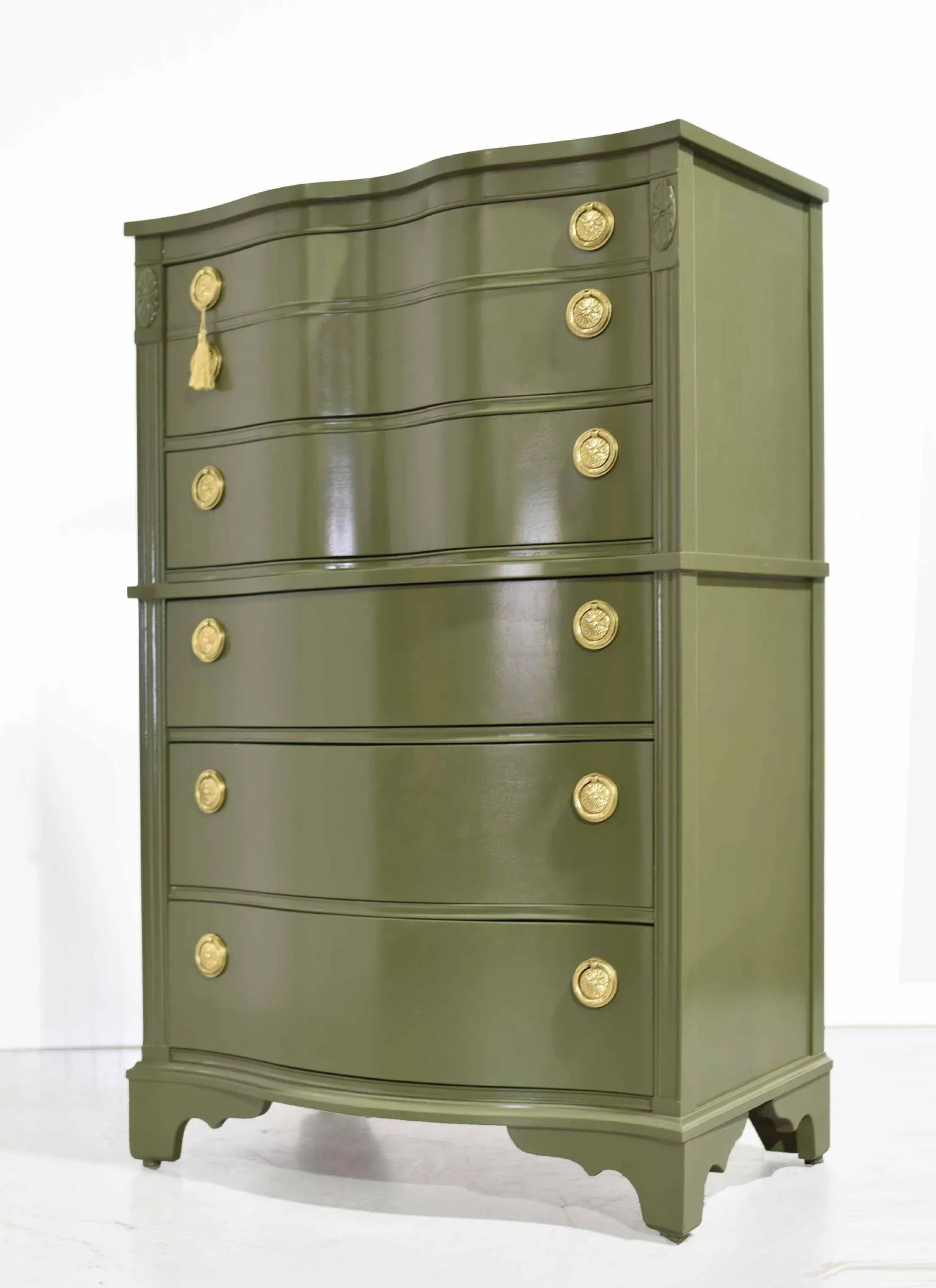 Mid Century Regency Style Mahogany Serpentine Highboy in Green - Newly Painted - 2