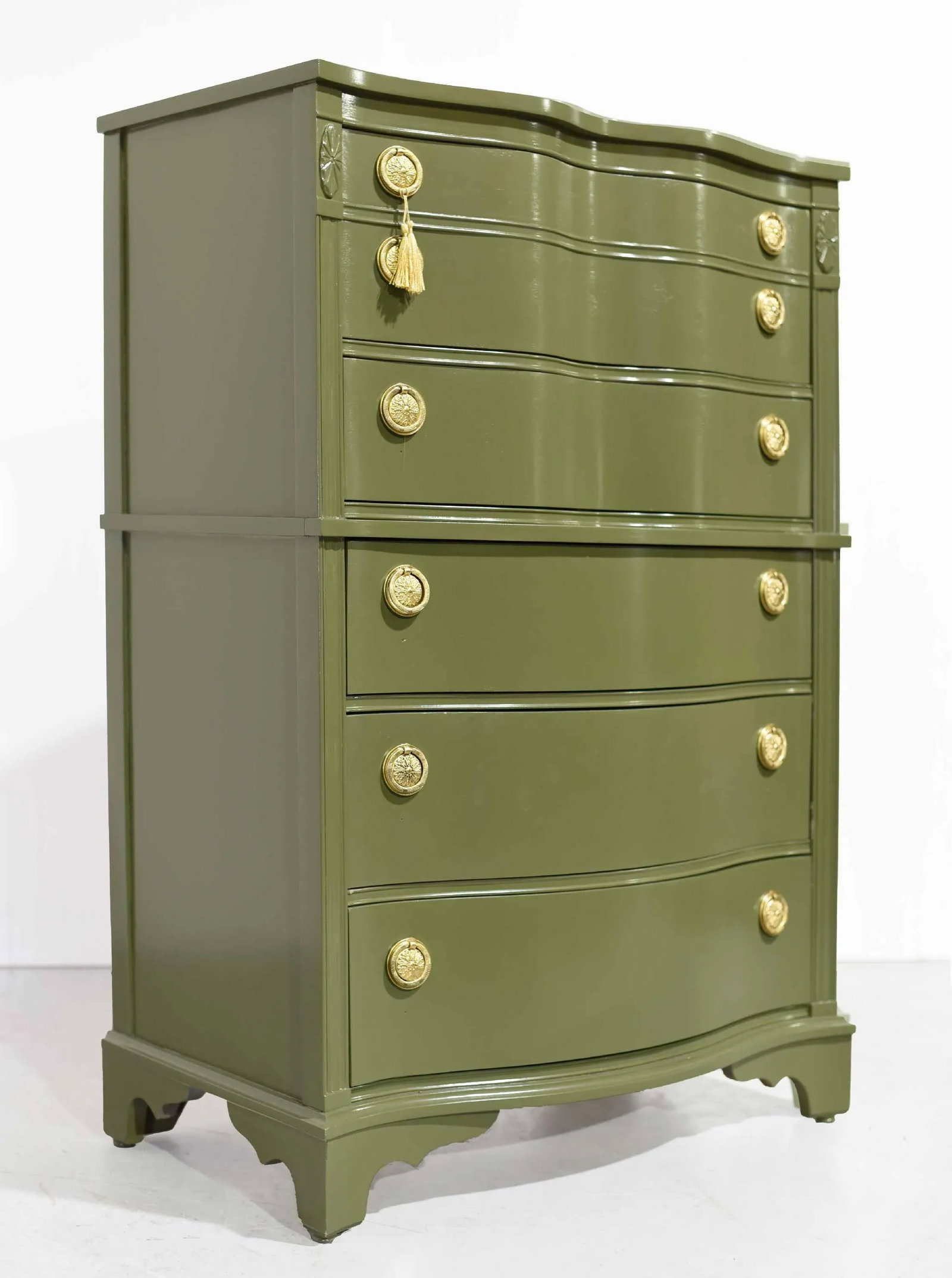 Mid Century Regency Style Mahogany Serpentine Highboy in Green - Newly Painted - 3