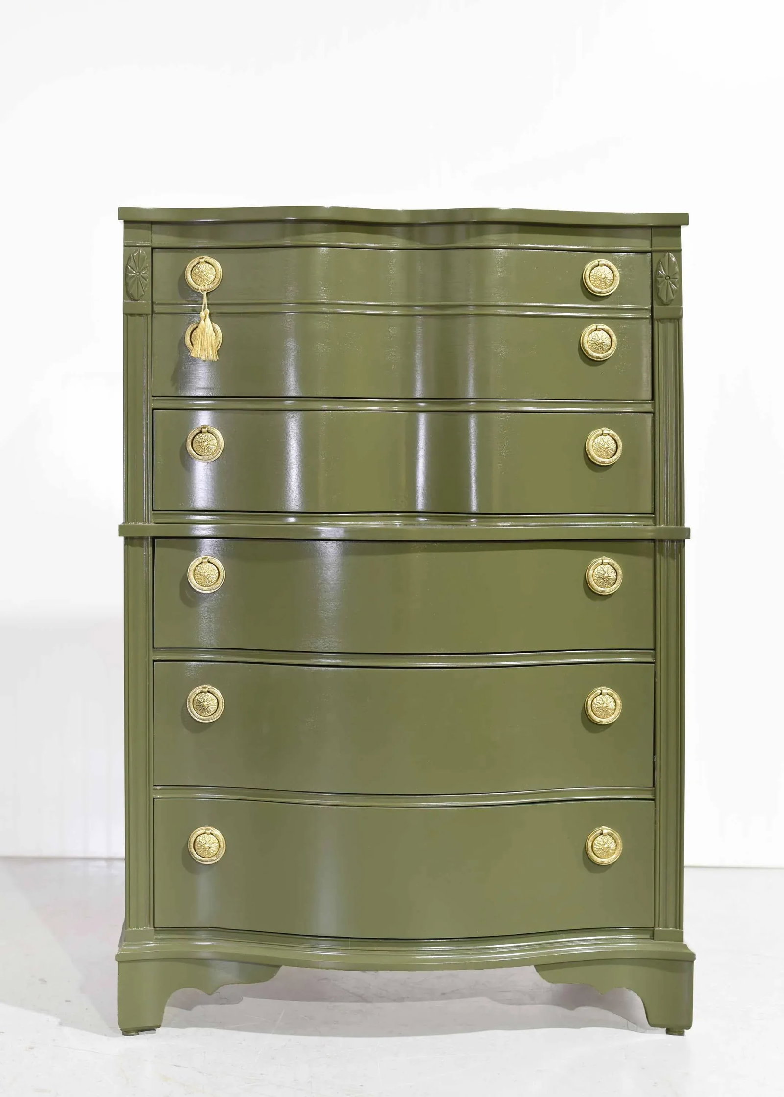 Mid Century Regency Style Mahogany Serpentine Highboy in Green - Newly Painted - 4
