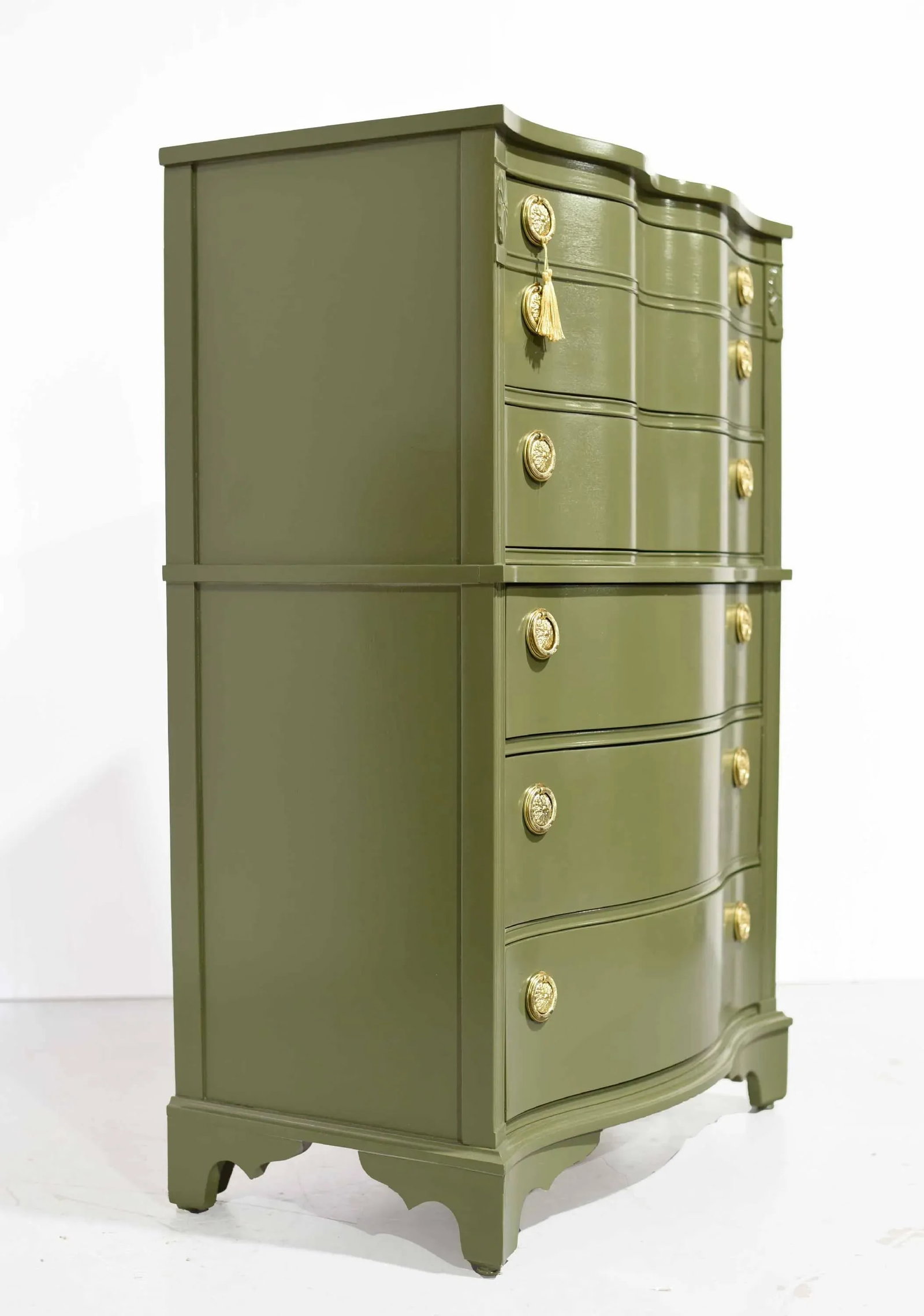 Mid Century Regency Style Mahogany Serpentine Highboy in Green - Newly Painted - 5
