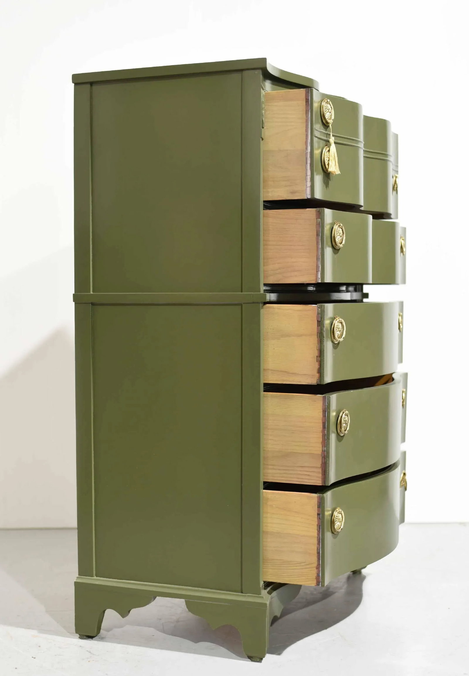 Mid Century Regency Style Mahogany Serpentine Highboy in Green - Newly Painted - 7