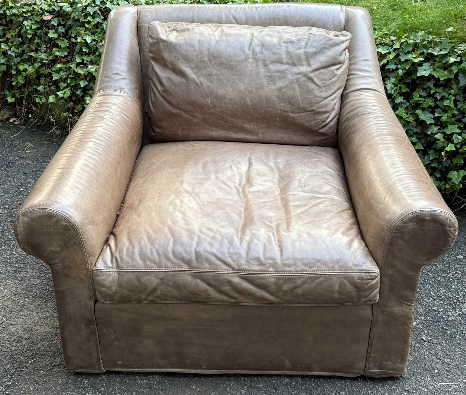 Restoration Hardware Distressed Taupe Leather Deep Seat Lounge Chair - 2