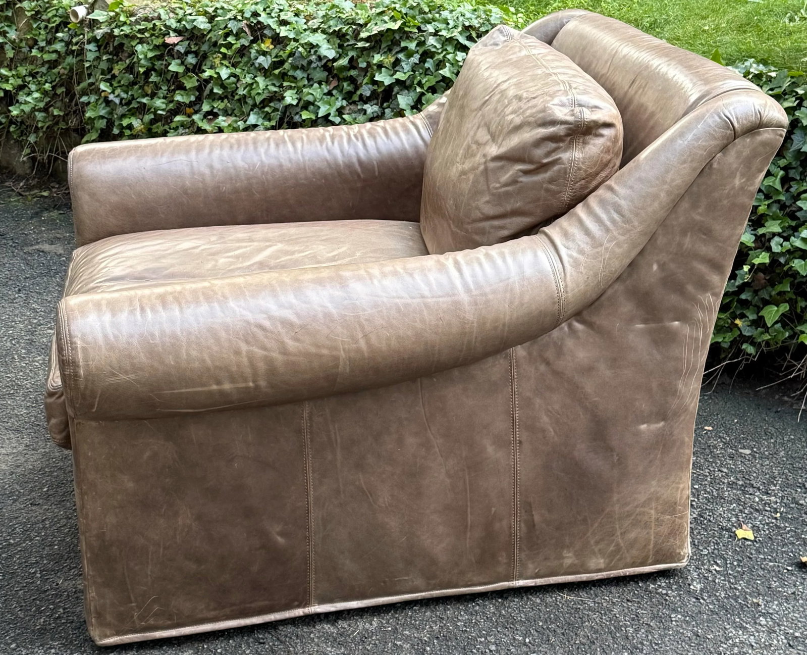 Restoration Hardware Distressed Taupe Leather Deep Seat Lounge Chair - 4