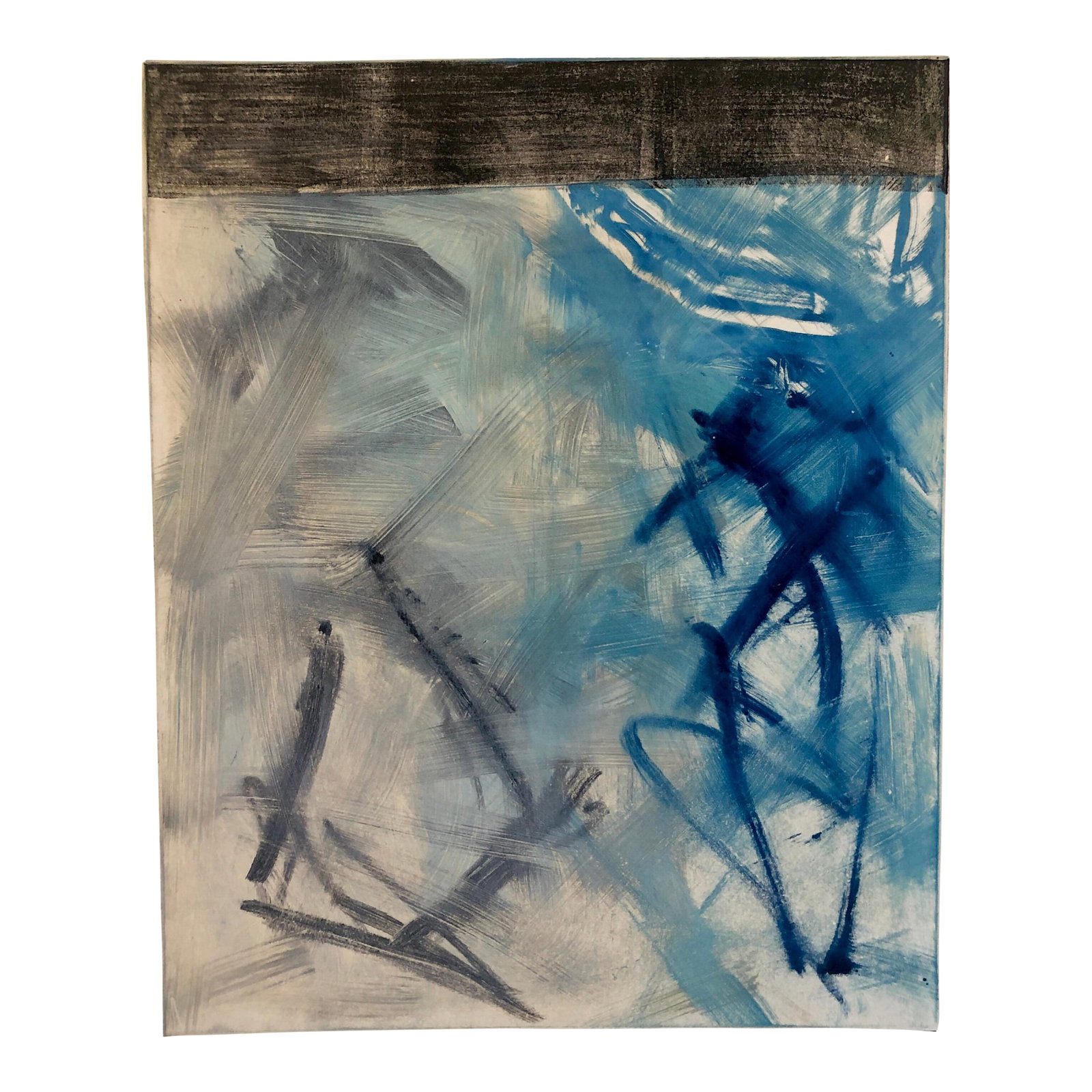 Pierre ObandoAbstract Expressionist Modernist Blue Grey Monoprint Monotype Painting Print, 1997: Pierre Andre Obando creates process oriented abstract paintings. He was born in Belize City, Belize and grew up in the Caribbean, the U.S. Virgin Islands, Miami, Fl and Jackson, MS. Pierre Obando comp
