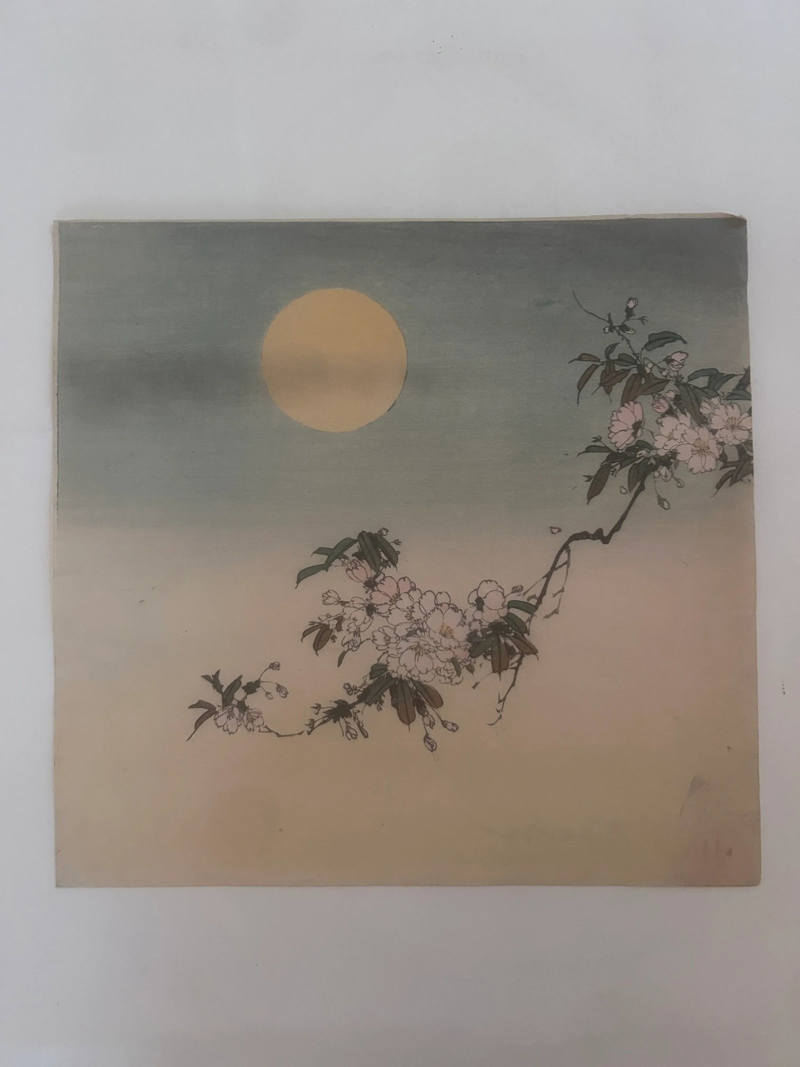 19th Century Antique Japanese Blossoms in Moonlight Ink Woodblock Print by Kason - 2