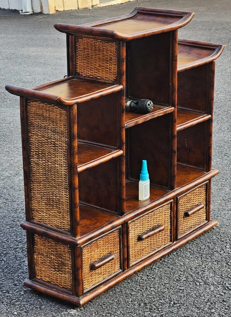 Vintage Burnt Bamboo Pagoda Wall Shelf Chinoiserie Style With 3 Drawer Cabinet - 2