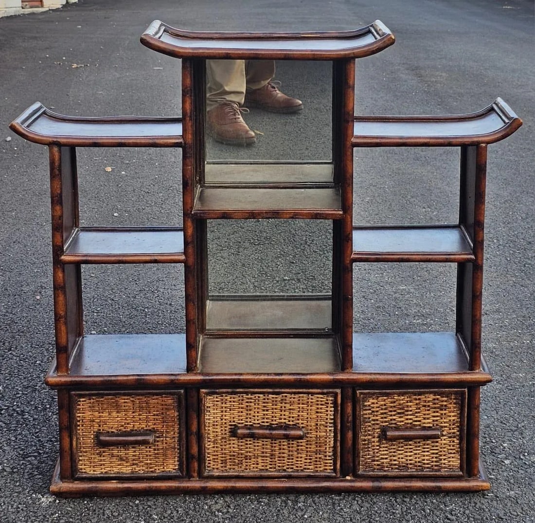 Vintage Burnt Bamboo Pagoda Wall Shelf Chinoiserie Style With 3 Drawer Cabinet - 3
