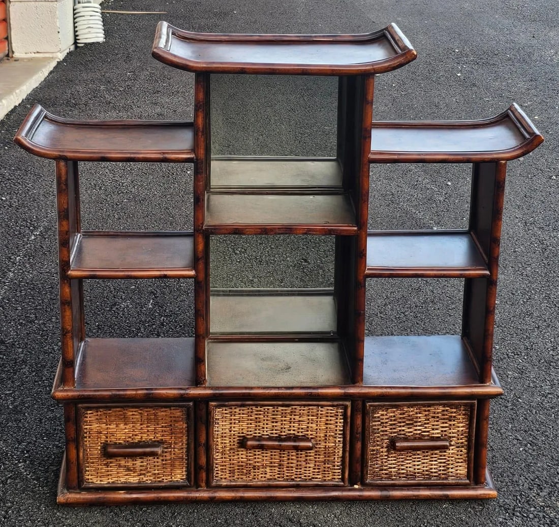 Vintage Burnt Bamboo Pagoda Wall Shelf Chinoiserie Style With 3 Drawer Cabinet - 5