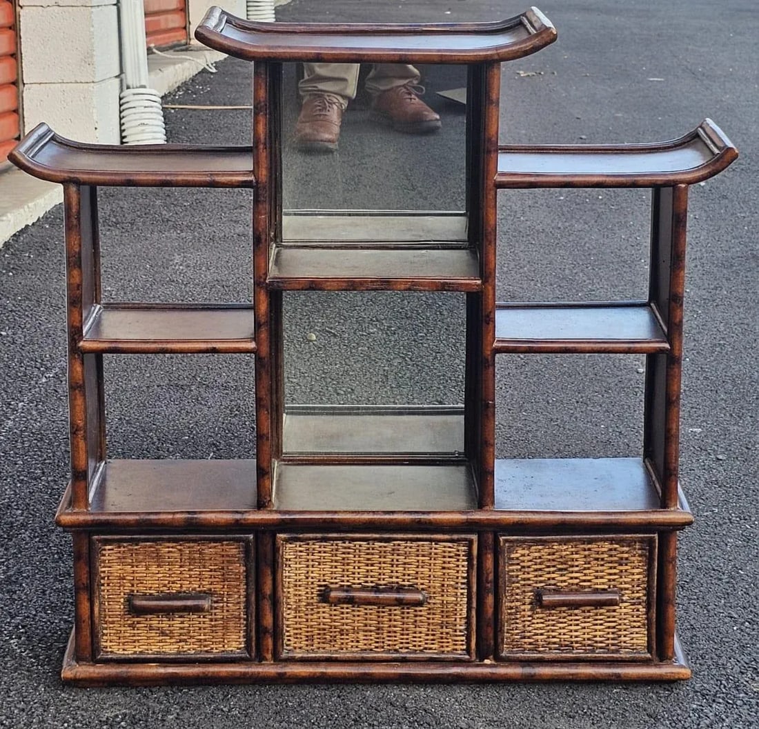 Vintage Burnt Bamboo Pagoda Wall Shelf Chinoiserie Style With 3 Drawer Cabinet - 6
