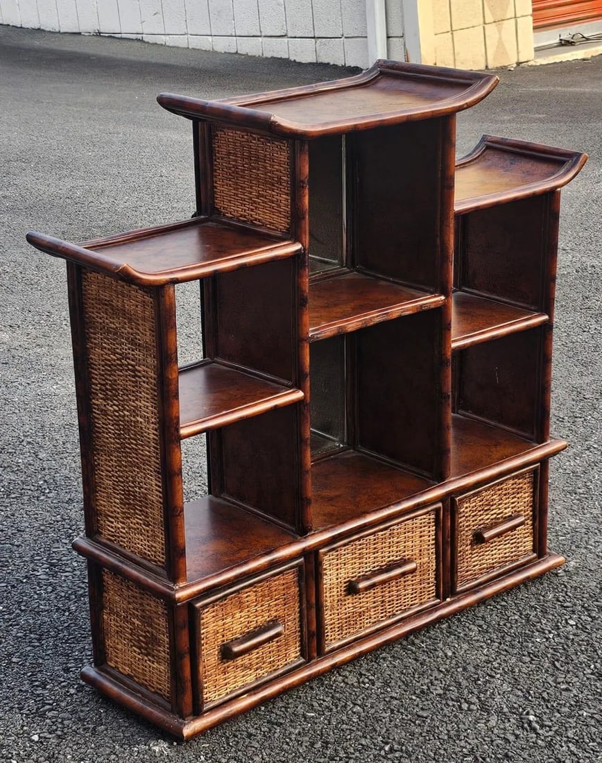 Vintage Burnt Bamboo Pagoda Wall Shelf Chinoiserie Style With 3 Drawer Cabinet - 7