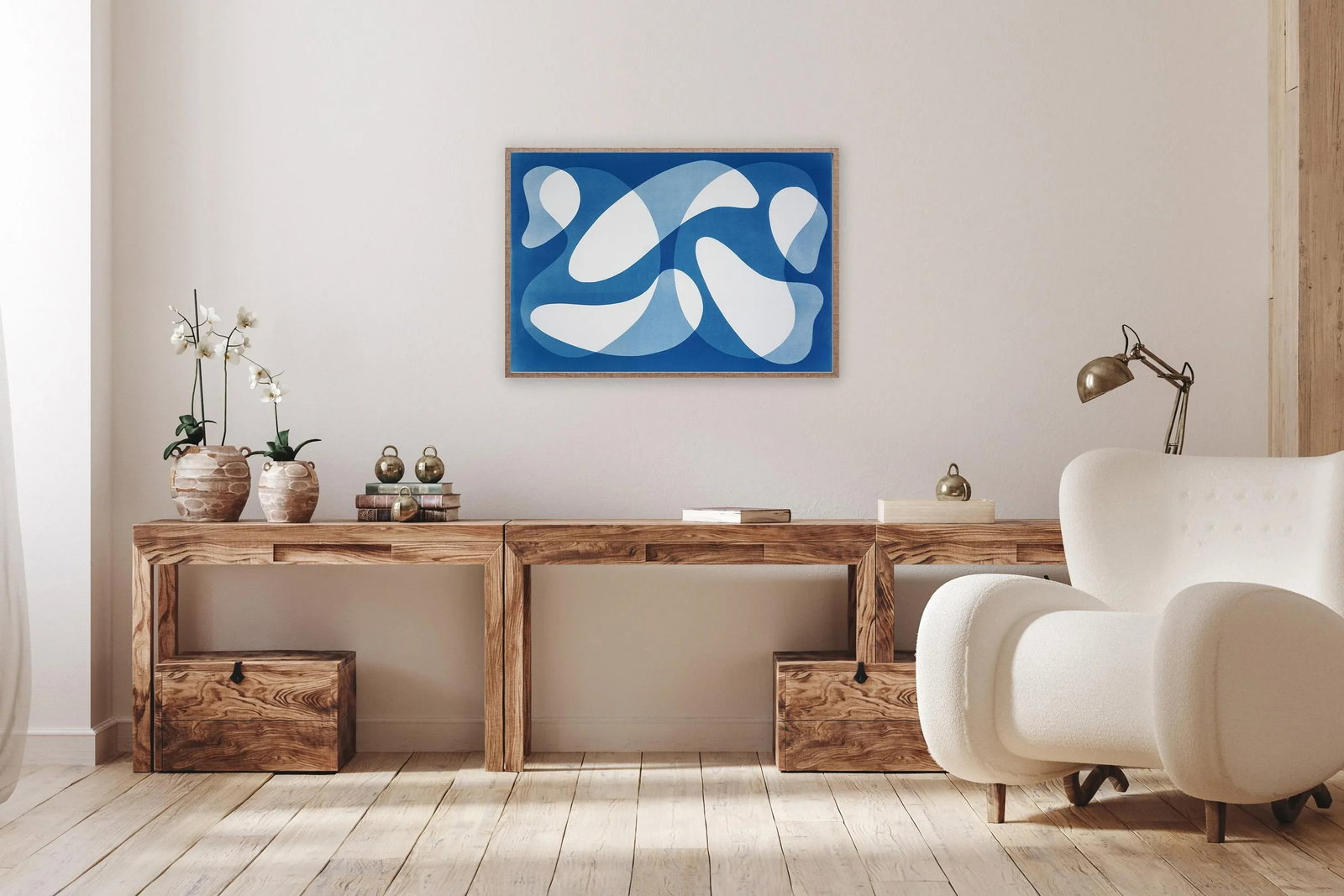 2025, Contemporary Cyanotype Print Inspired in Mid-Century Modern Shapes, Unique Monotype on Waterco - 2