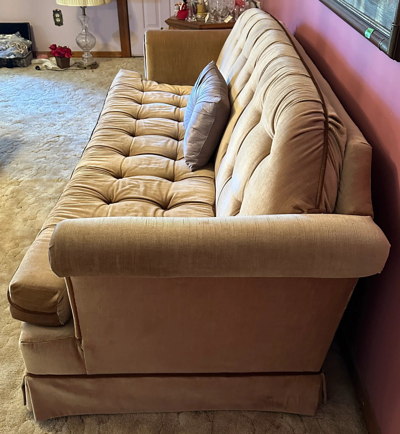 Vintage 1970s DeVille Gold & Brown Tufted Velvet Sofa With Wooden Block Legs - 2