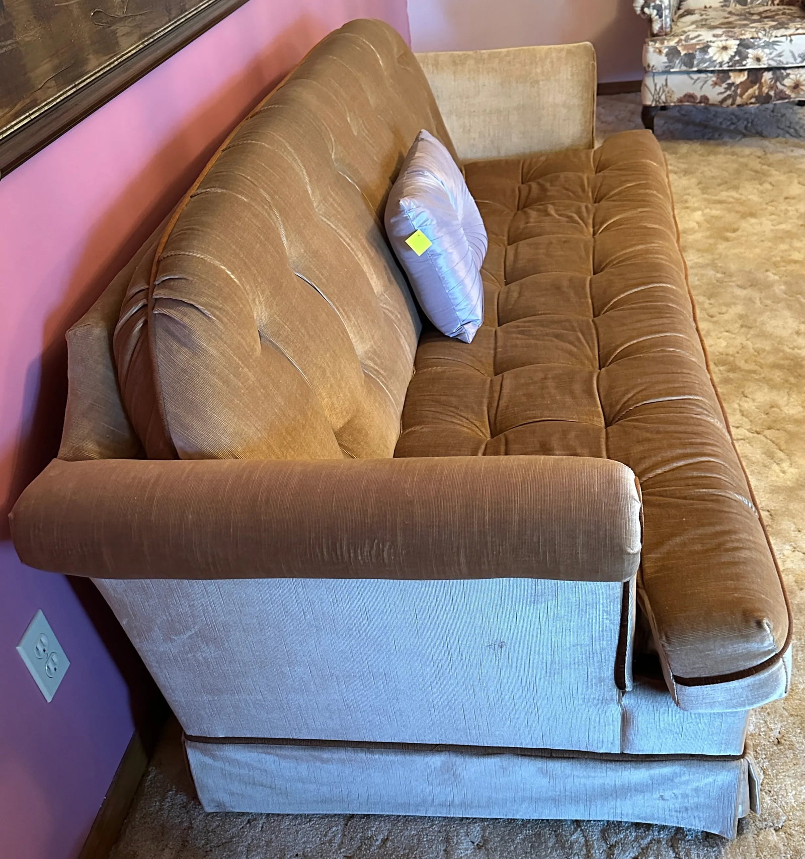 Vintage 1970s DeVille Gold & Brown Tufted Velvet Sofa With Wooden Block Legs - 3