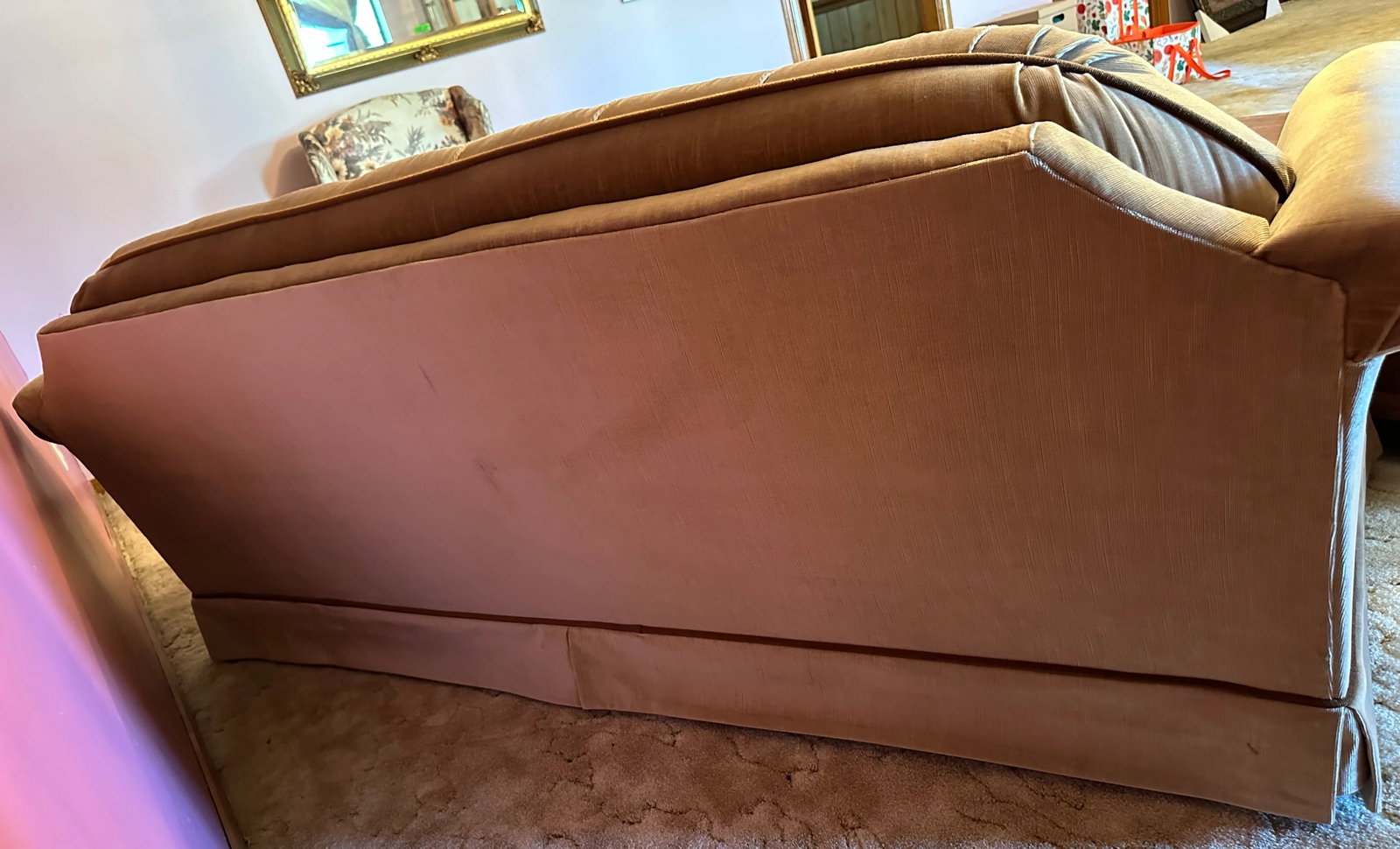Vintage 1970s DeVille Gold & Brown Tufted Velvet Sofa With Wooden Block Legs - 4