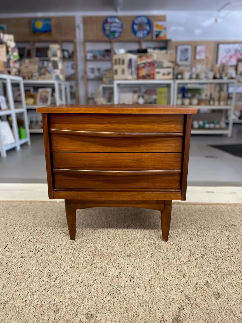 1960s Mid-Century Modern Likely Walnut Nightstand | 2-Drawer Bedside Table With Solid Wood Sculpted - 2
