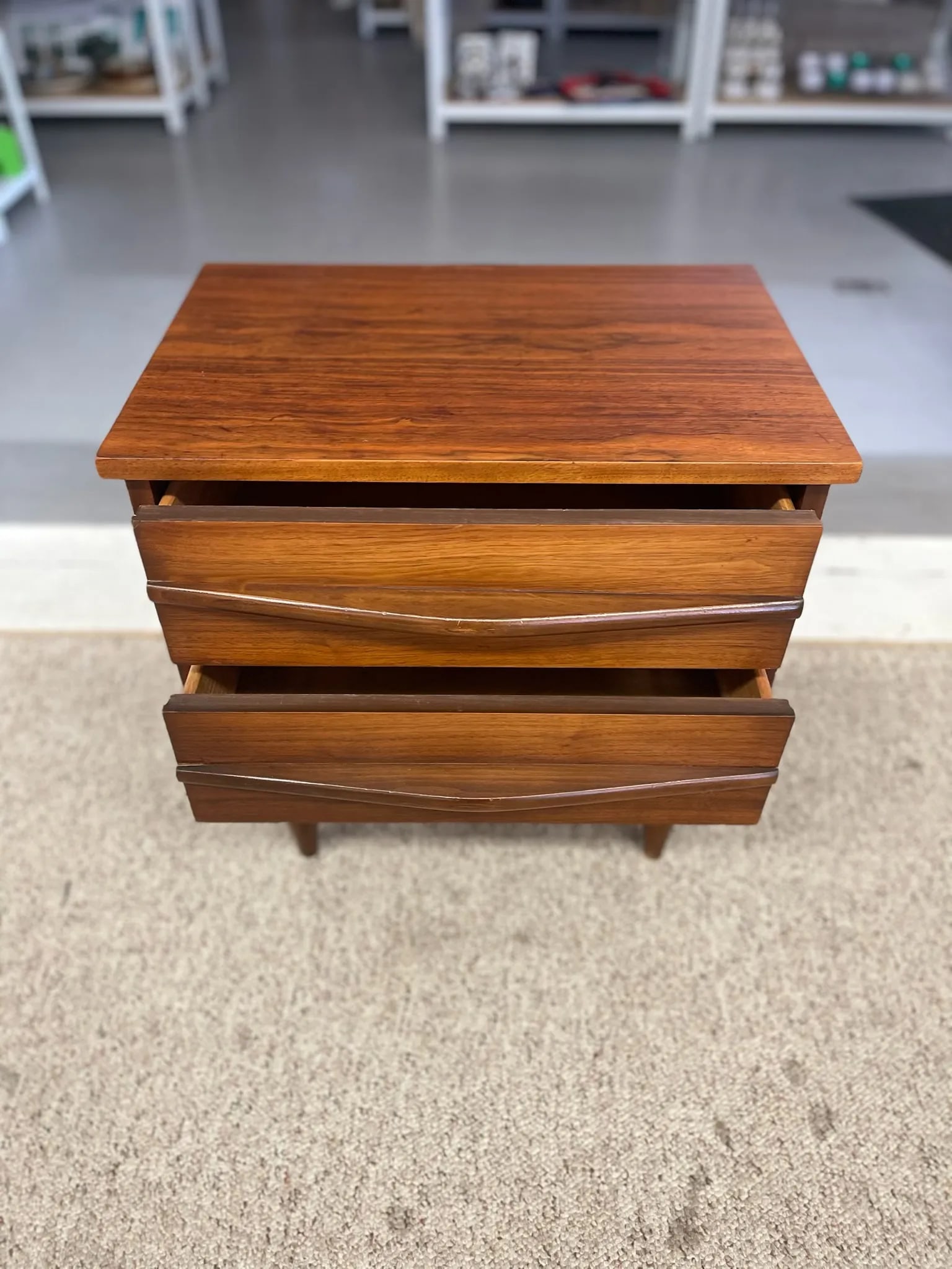 1960s Mid-Century Modern Likely Walnut Nightstand | 2-Drawer Bedside Table With Solid Wood Sculpted - 7