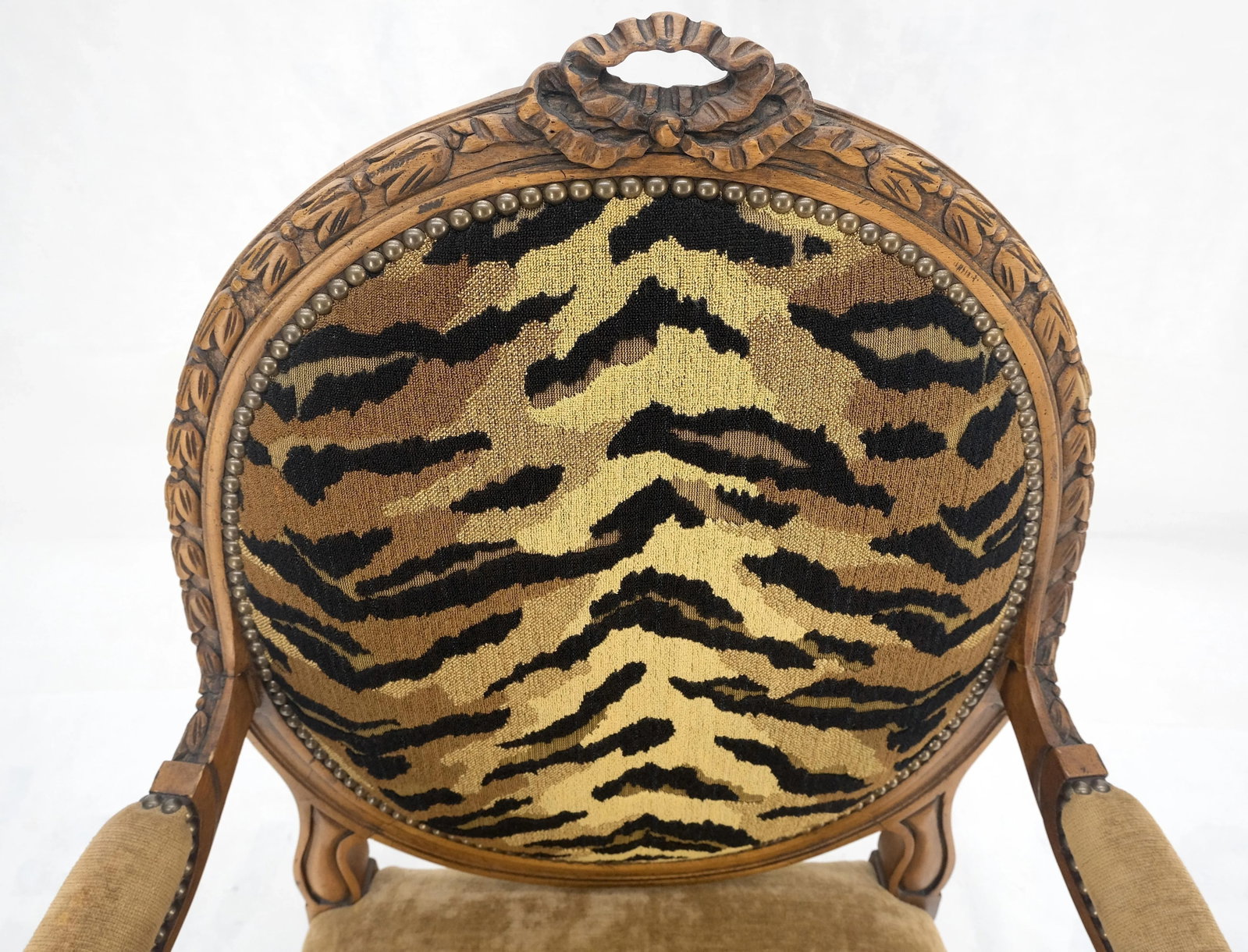 1960s Carved Round Tiger Upholstery Back Camel Mohair Seat French Arm Chair - 2