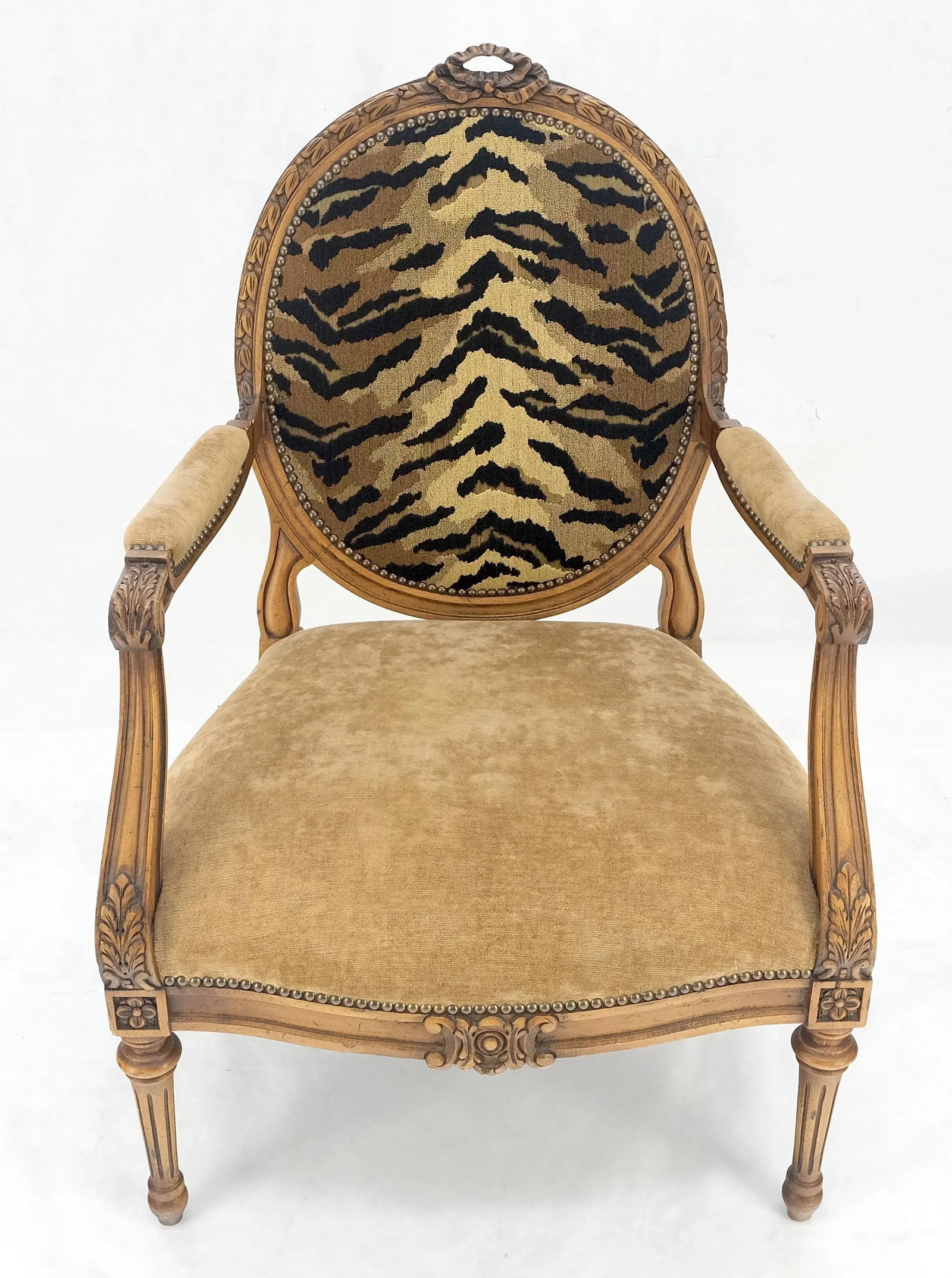 1960s Carved Round Tiger Upholstery Back Camel Mohair Seat French Arm Chair - 3
