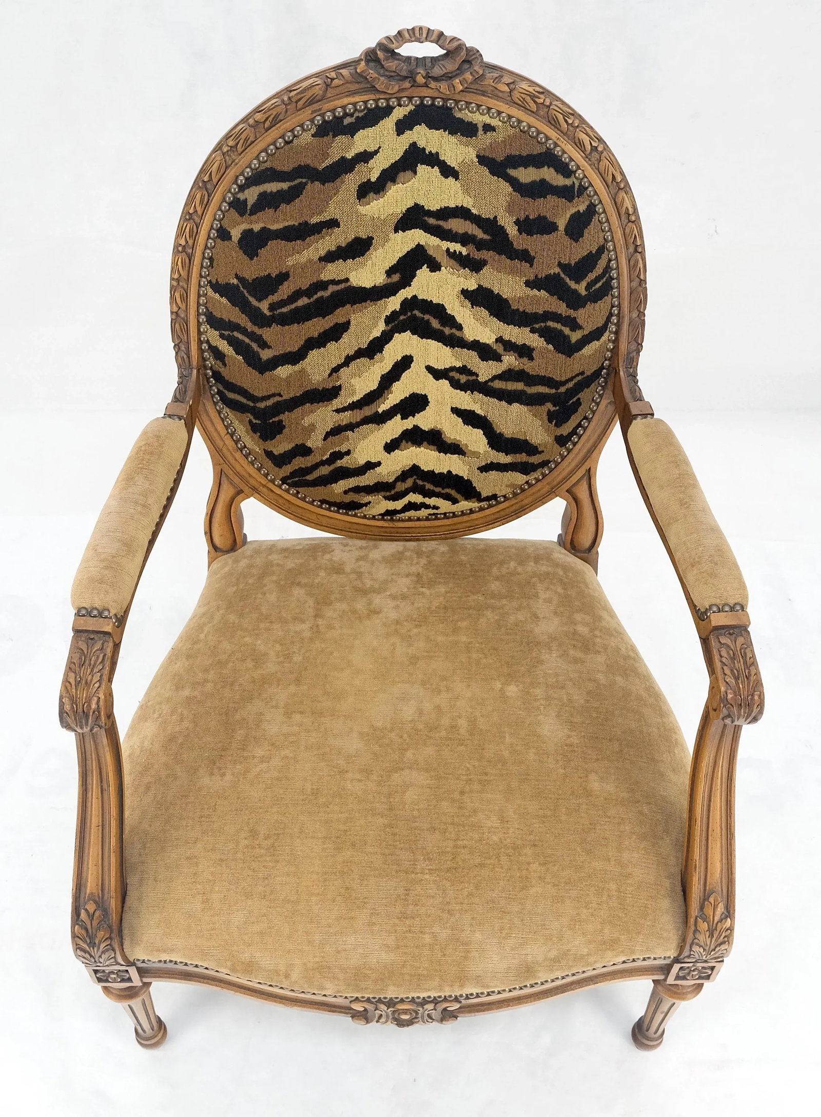 1960s Carved Round Tiger Upholstery Back Camel Mohair Seat French Arm Chair - 7