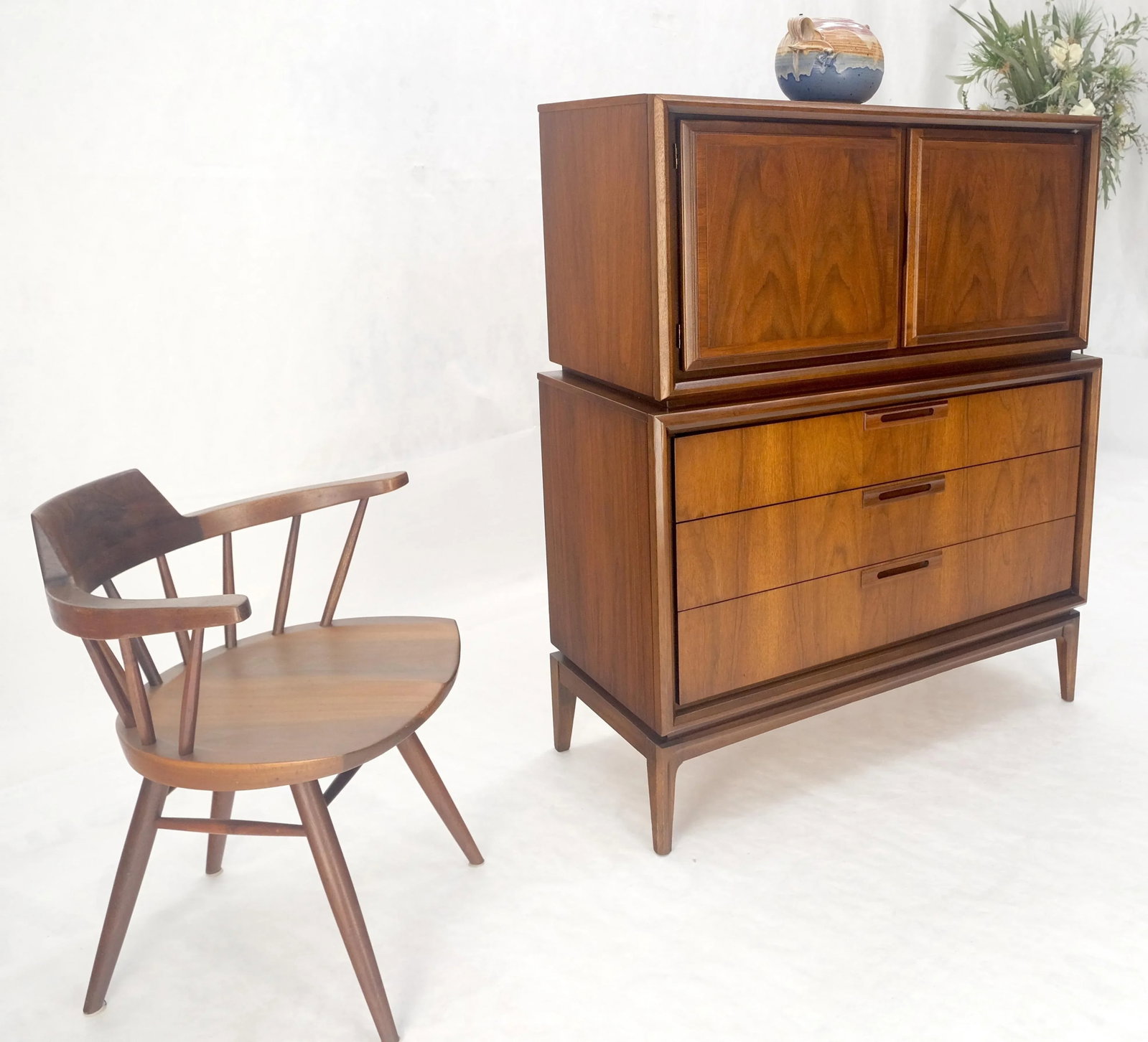 Mid Century Walnut 2 Doors Compartment 7 Drawer High Boy Chest Dresser - 2