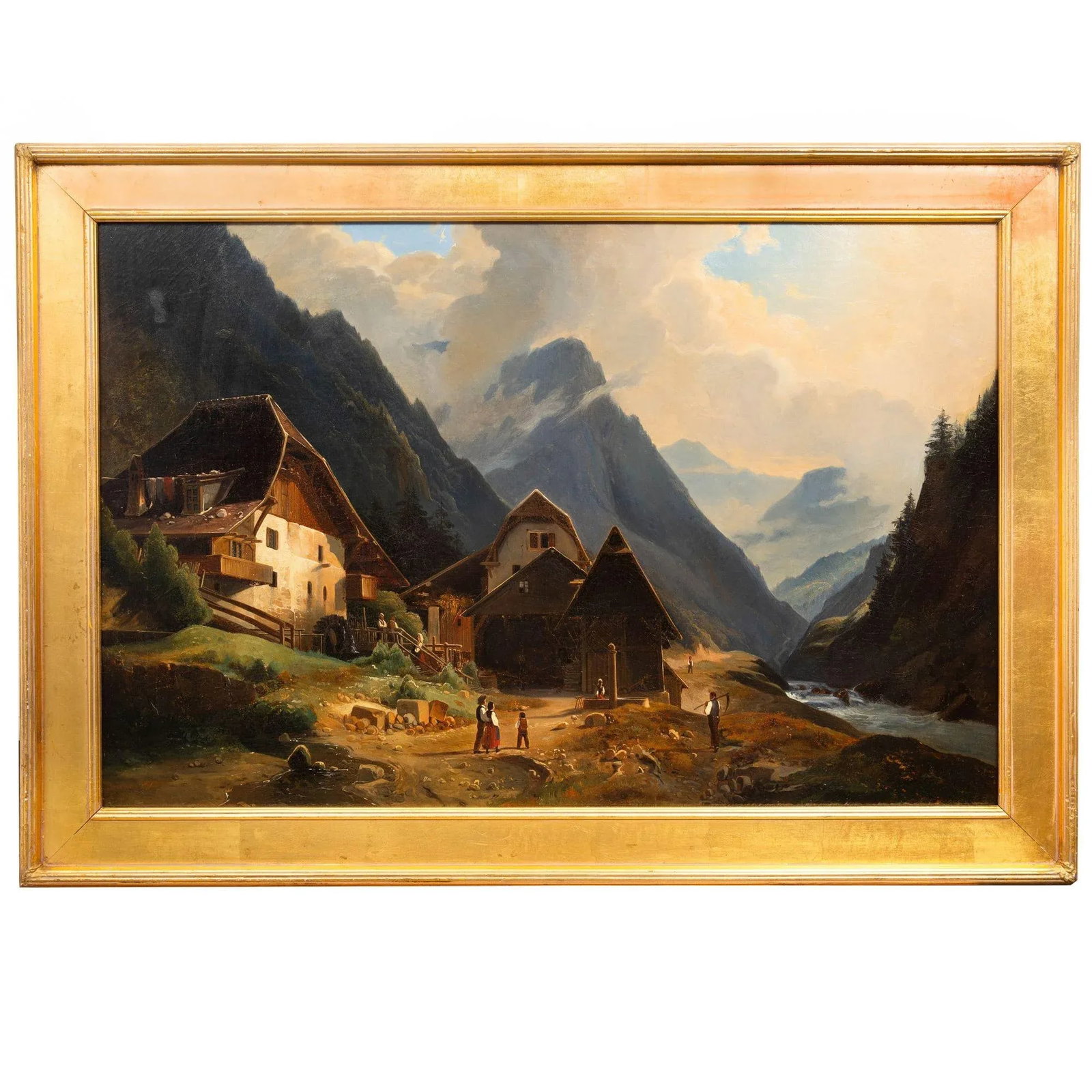 19th Century Antique Swiss Alpine Village Mountainscape Painting - 2
