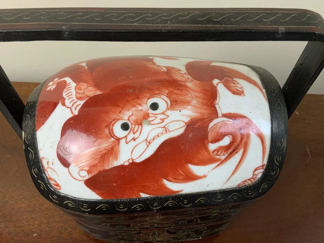 Antique Chinese Red Lacquer Stacked Lunch Box With Porcelain Inset - 2