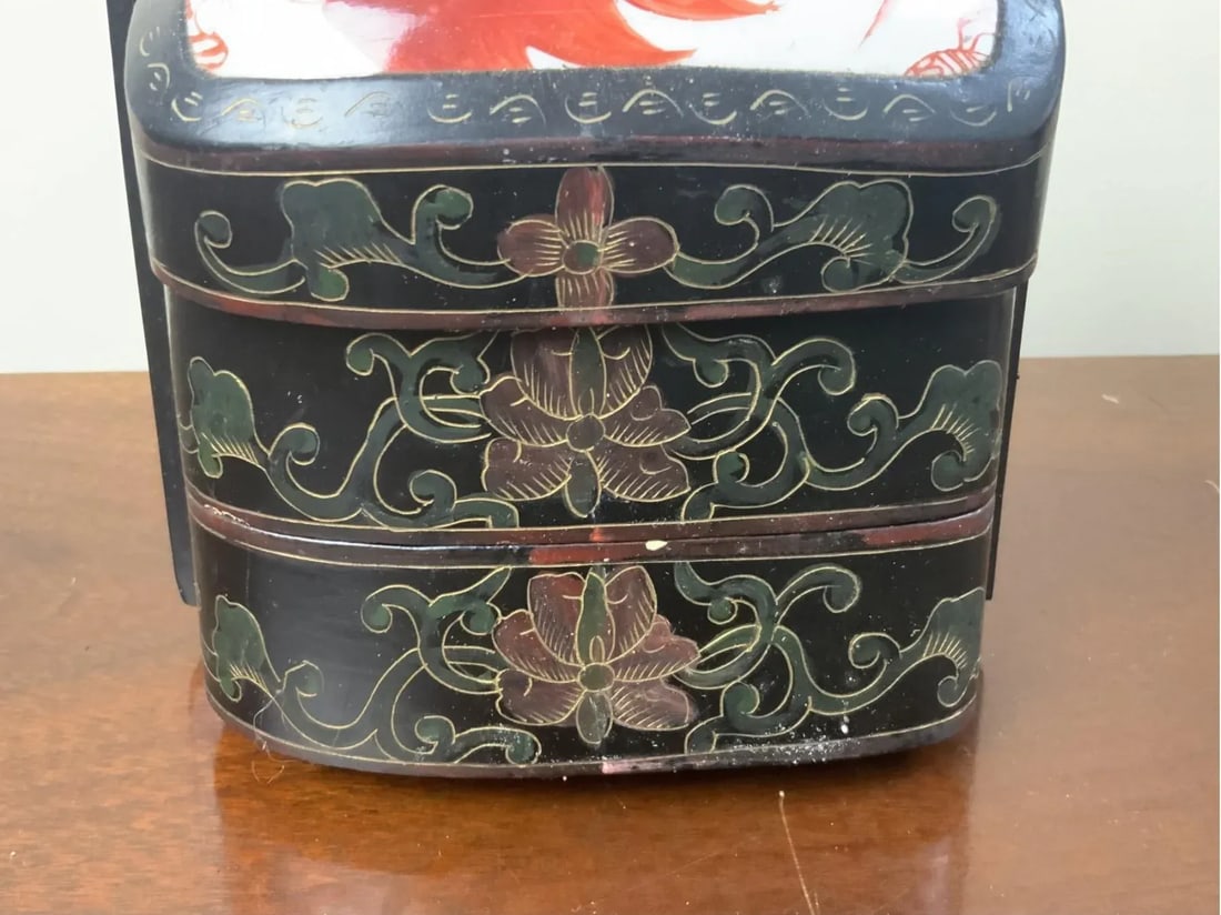 Antique Chinese Red Lacquer Stacked Lunch Box With Porcelain Inset - 3