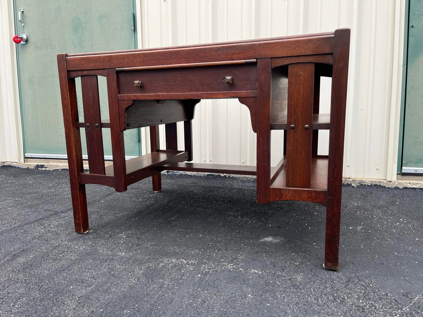 Early 1900s Limberts Quartersawn Oak Arts & Crafts Desk With Side Bookshelves - 2
