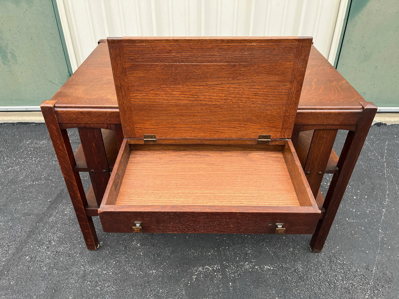 Early 1900s Limberts Quartersawn Oak Arts & Crafts Desk With Side Bookshelves - 7