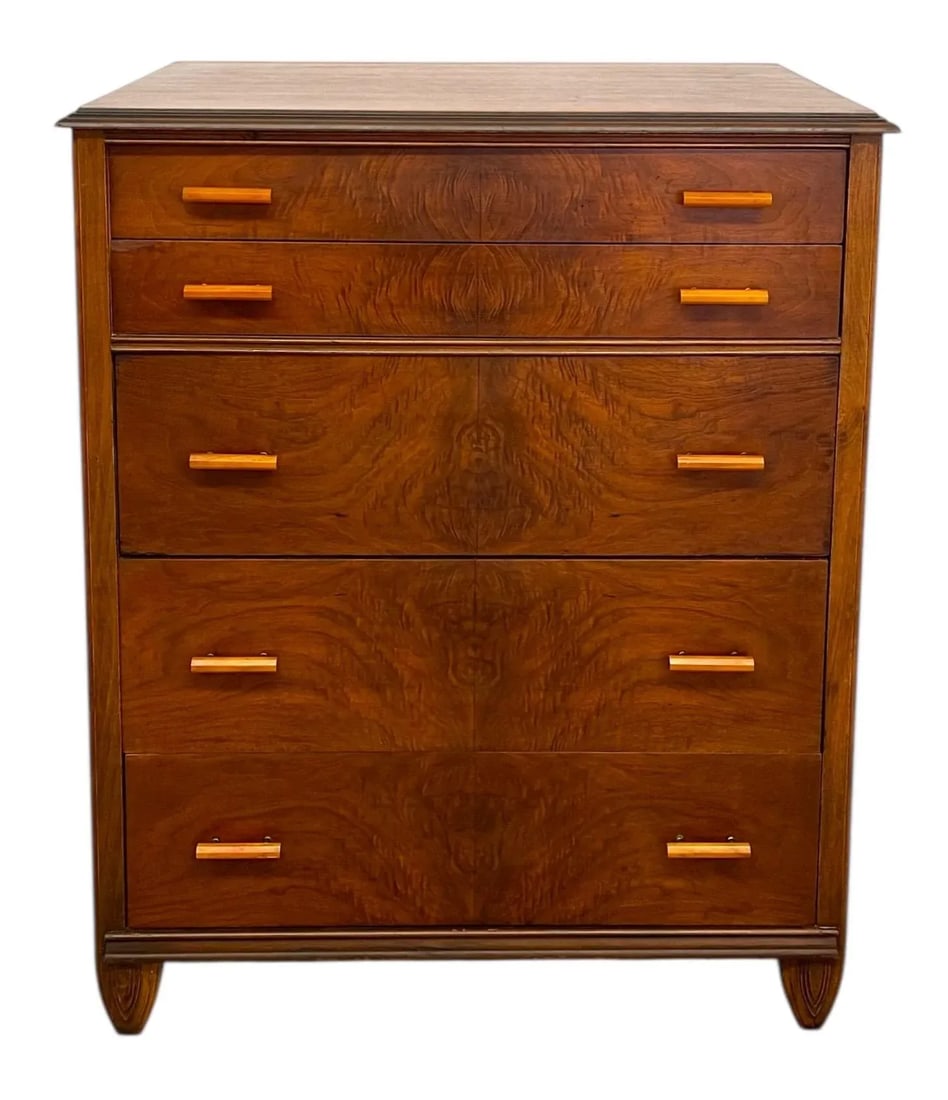 1970s Vintage Art Deco 5 Drawer Dresser With Book Matched Burl Wood Accents and Bakelite Pulls by Cr - 2
