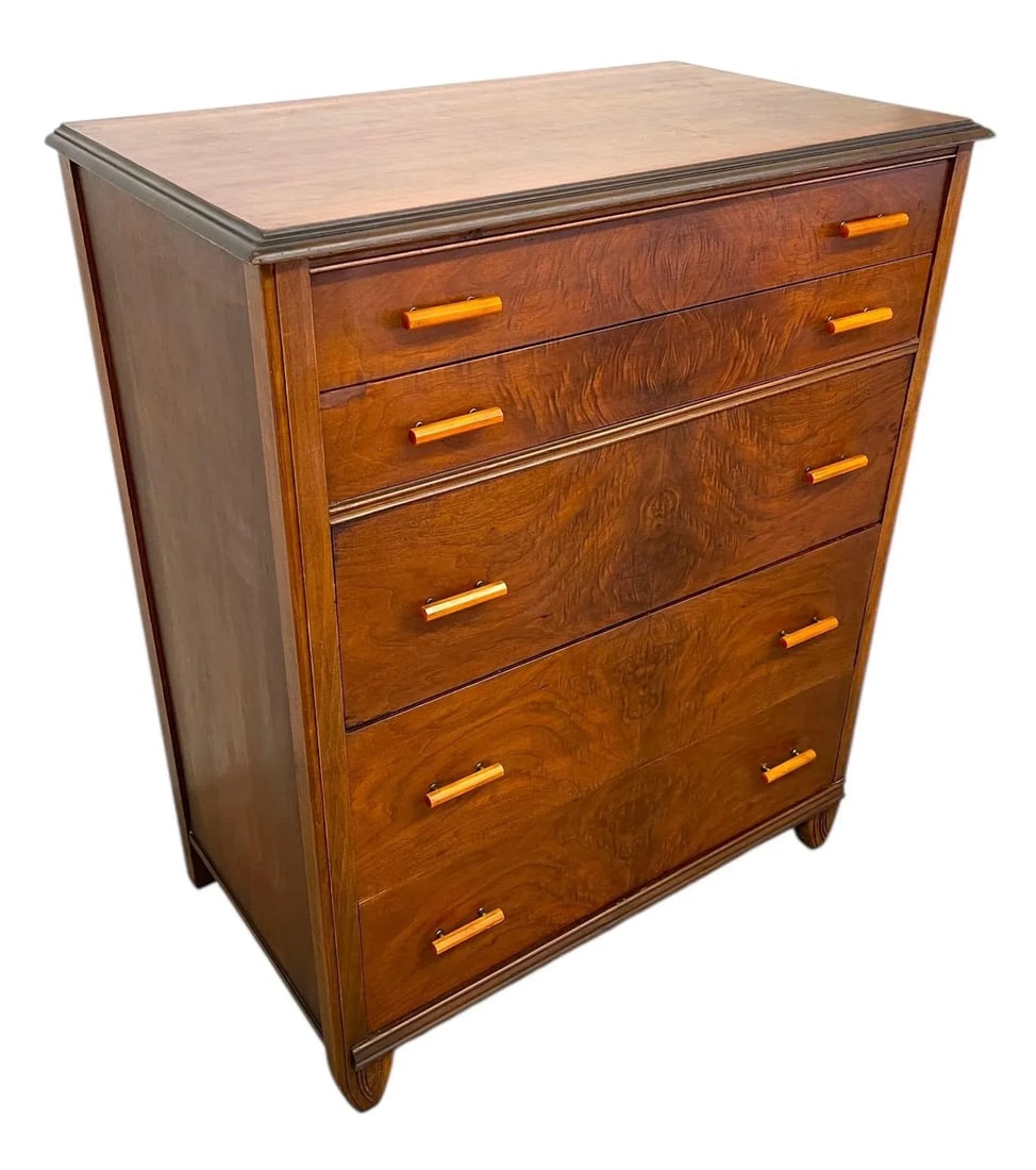 1970s Vintage Art Deco 5 Drawer Dresser With Book Matched Burl Wood Accents and Bakelite Pulls by Cr - 3